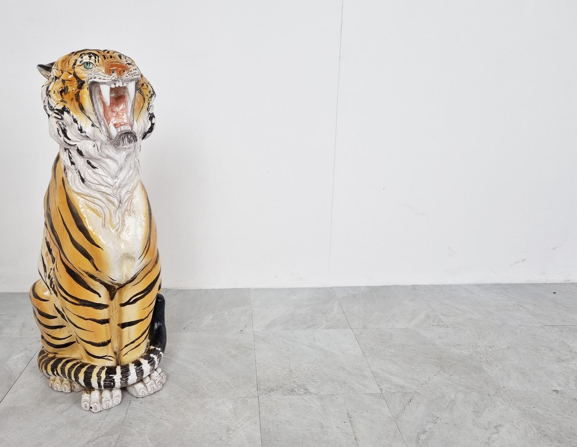 Italian Large Ceramic Hand Painted Tiger, 1970's Italy For Sale