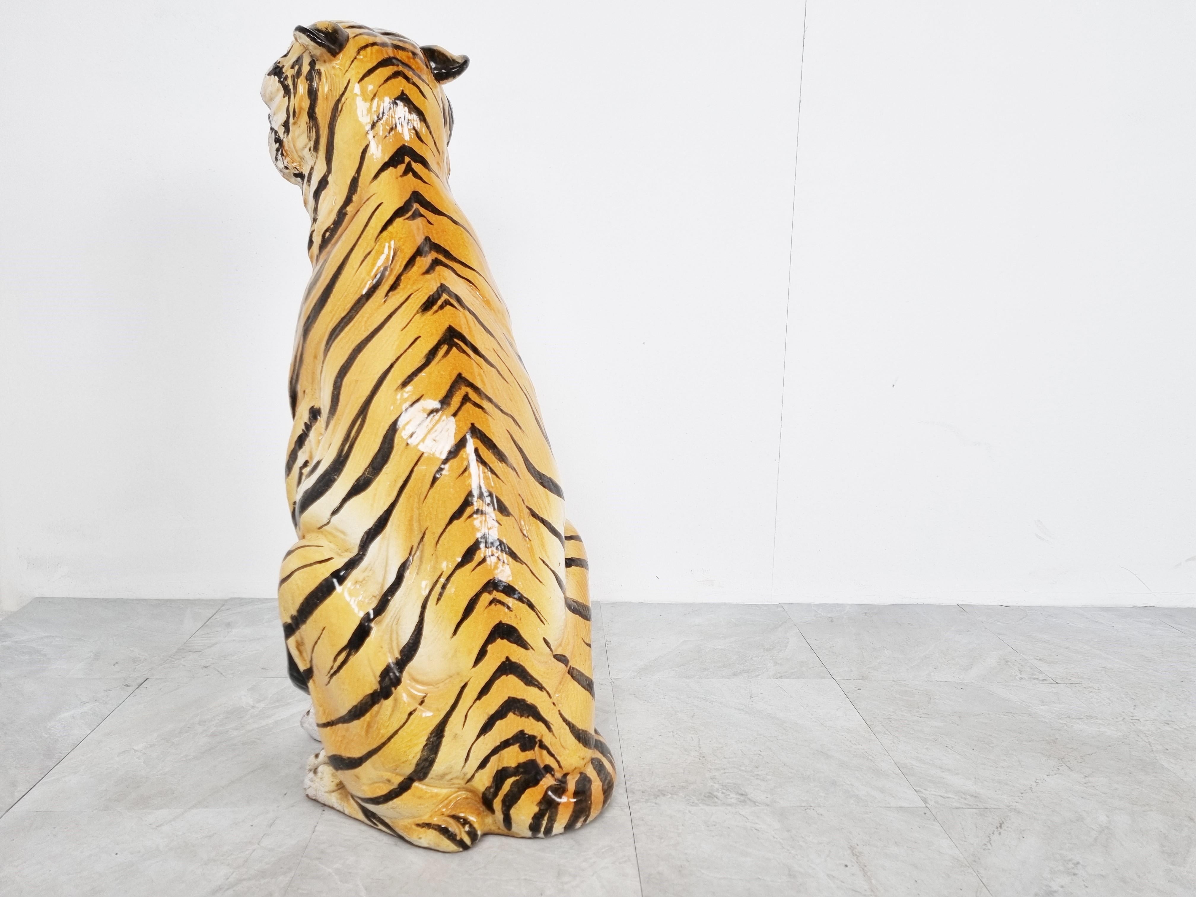 Italian Large Ceramic Hand Painted Tiger, 1970's Italy