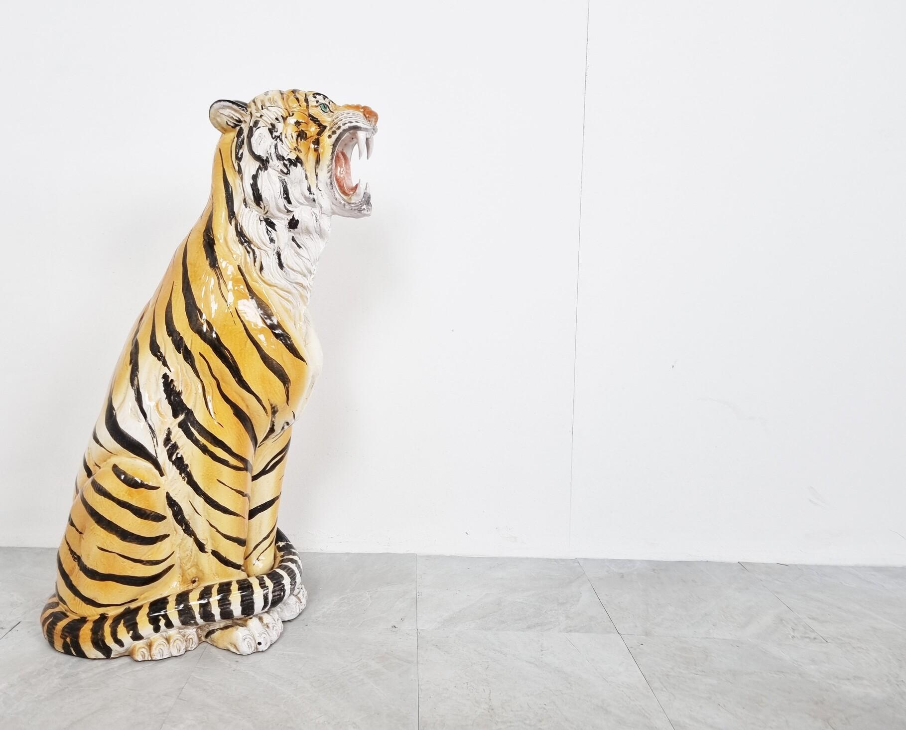 Large Ceramic Hand Painted Tiger, 1970's Italy For Sale 1