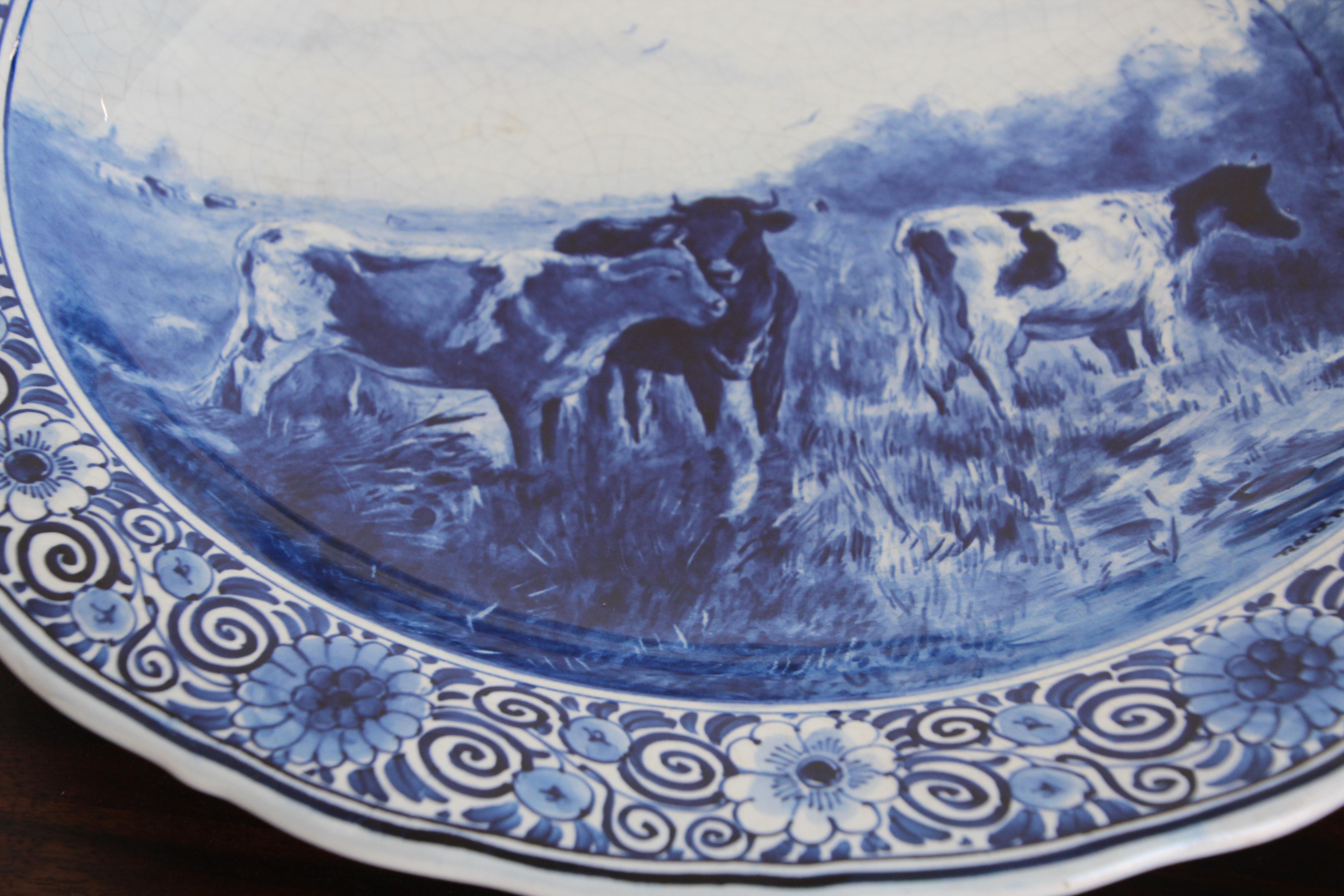 Folk Art Large Ceramic Hanging Plate Blue and White Dutch Delft Charger