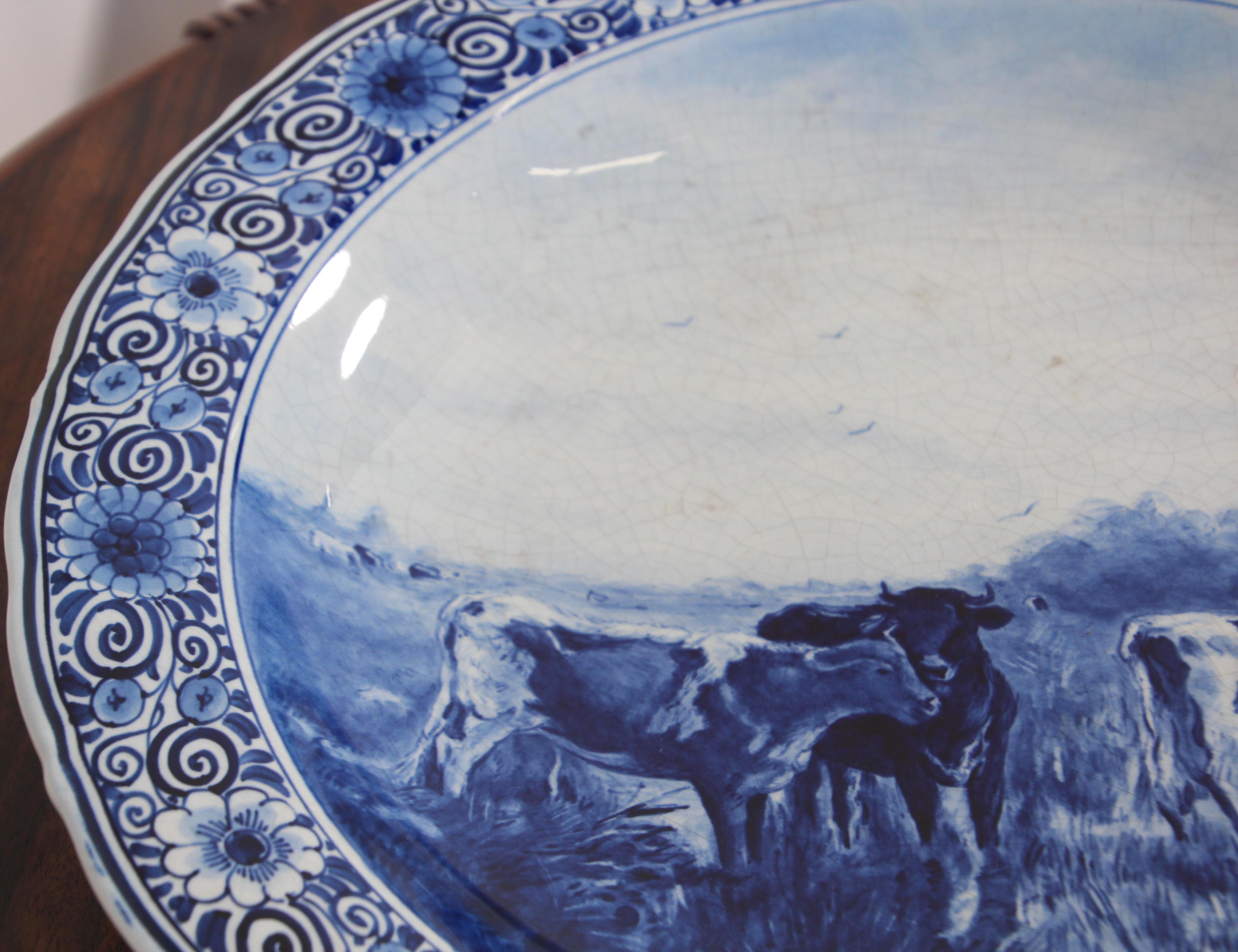 Hand-Crafted Large Ceramic Hanging Plate Blue and White Dutch Delft Charger