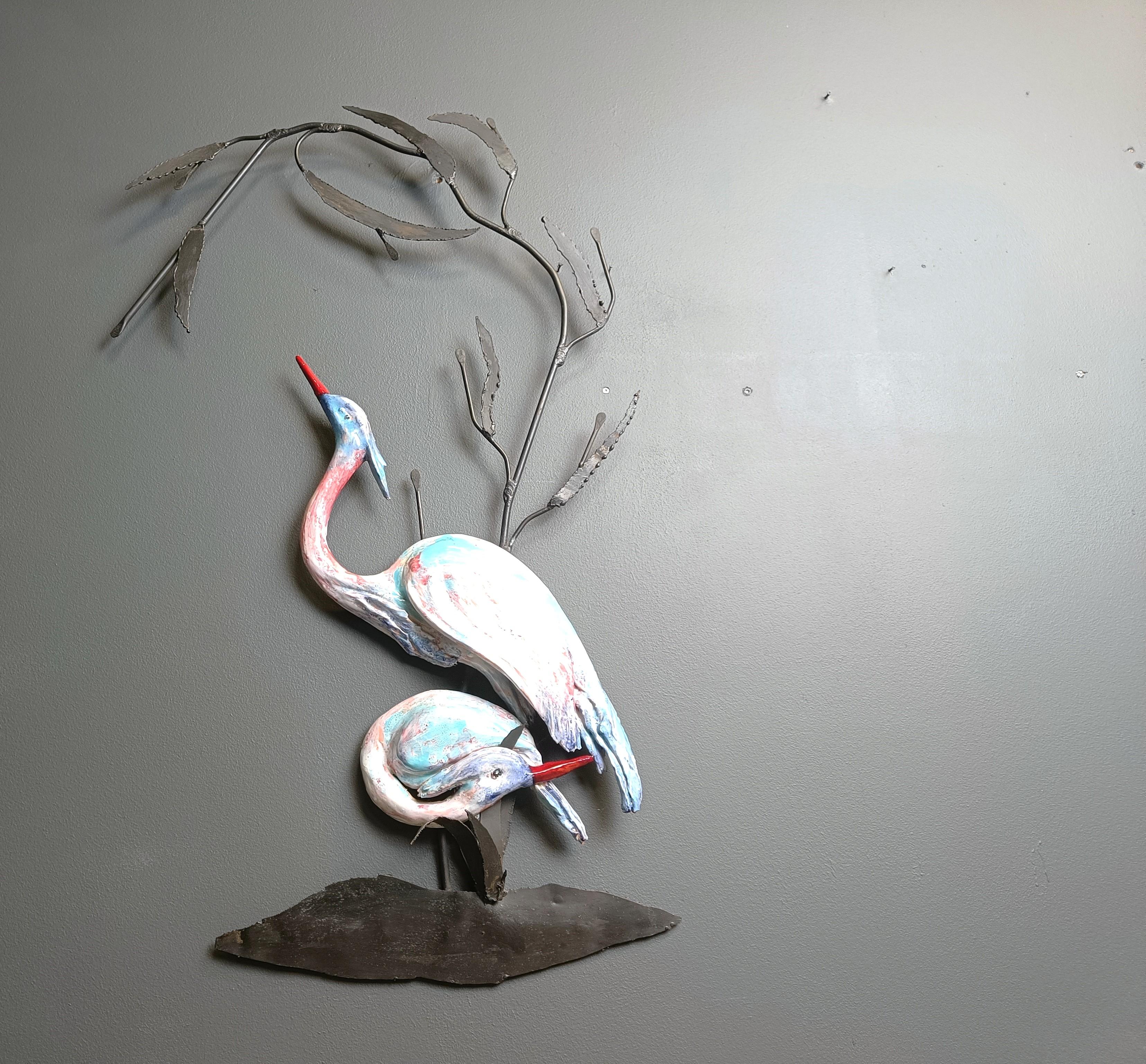 Fine XX secolo Grande scultura da parete in ceramica di Héron o uccello gru, anni '70 in vendita