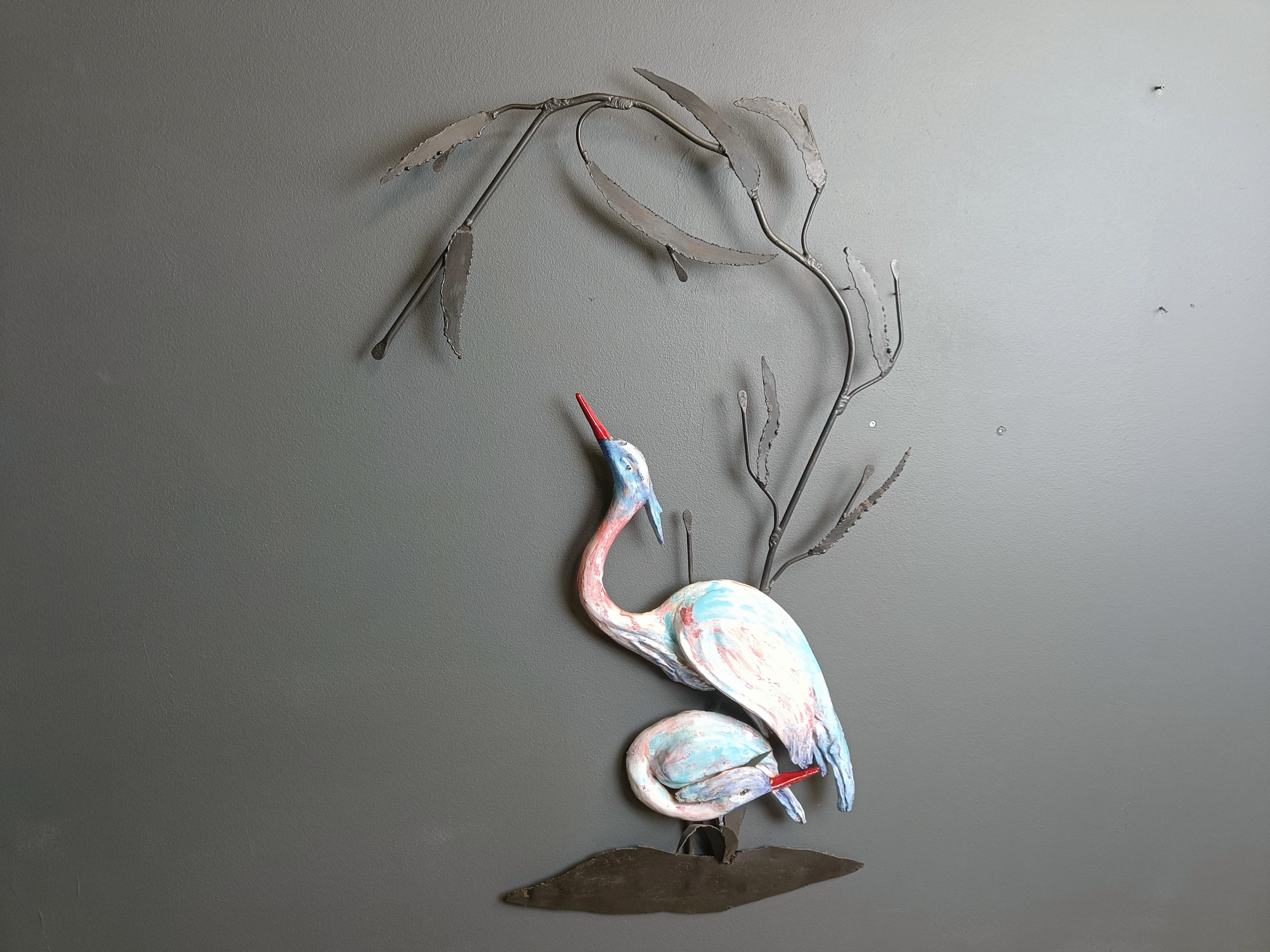 Grande scultura da parete in ceramica di Héron o uccello gru, anni '70 in vendita 1