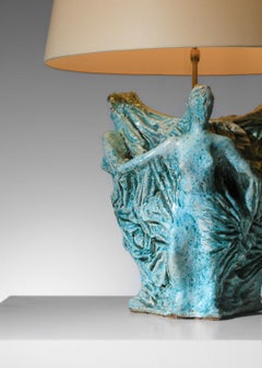 Large ceramic lamp base decorated with three unidentified blue dryads