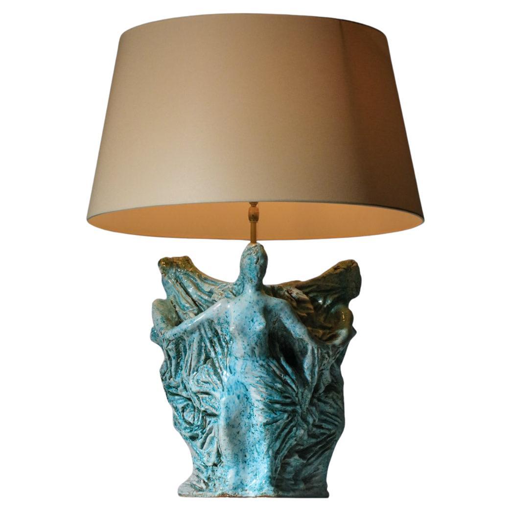 Large ceramic lamp base decorated with three unidentified blue dryads For Sale