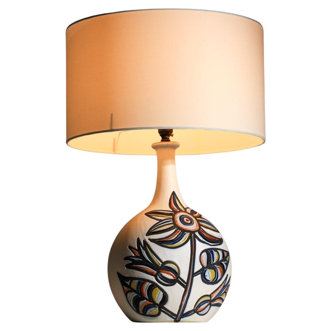 Mid-Century Modern Large ceramic lamp by Roger Capron with flower design Vallauris 1960s For Sale
