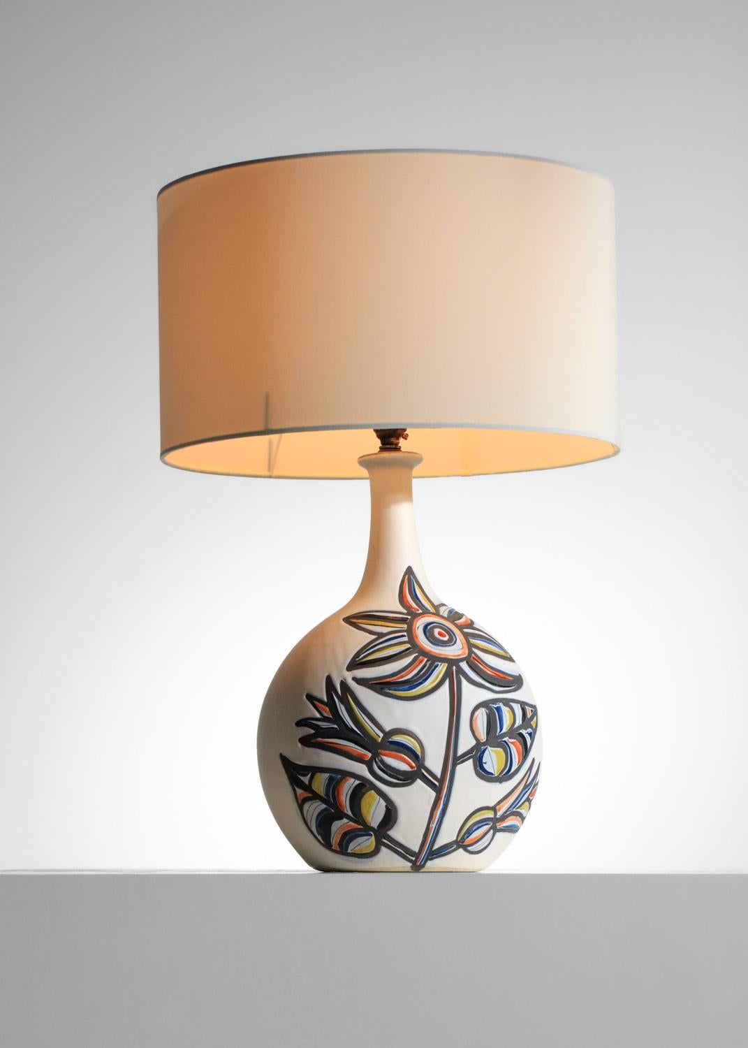 French Large ceramic lamp by Roger Capron with flower design Vallauris 1960s For Sale