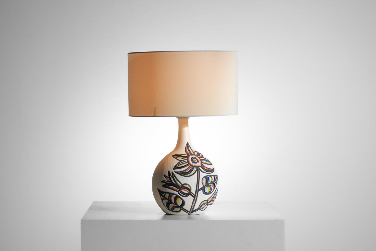 Hand-Crafted Large ceramic lamp by Roger Capron with flower design Vallauris 1960s For Sale