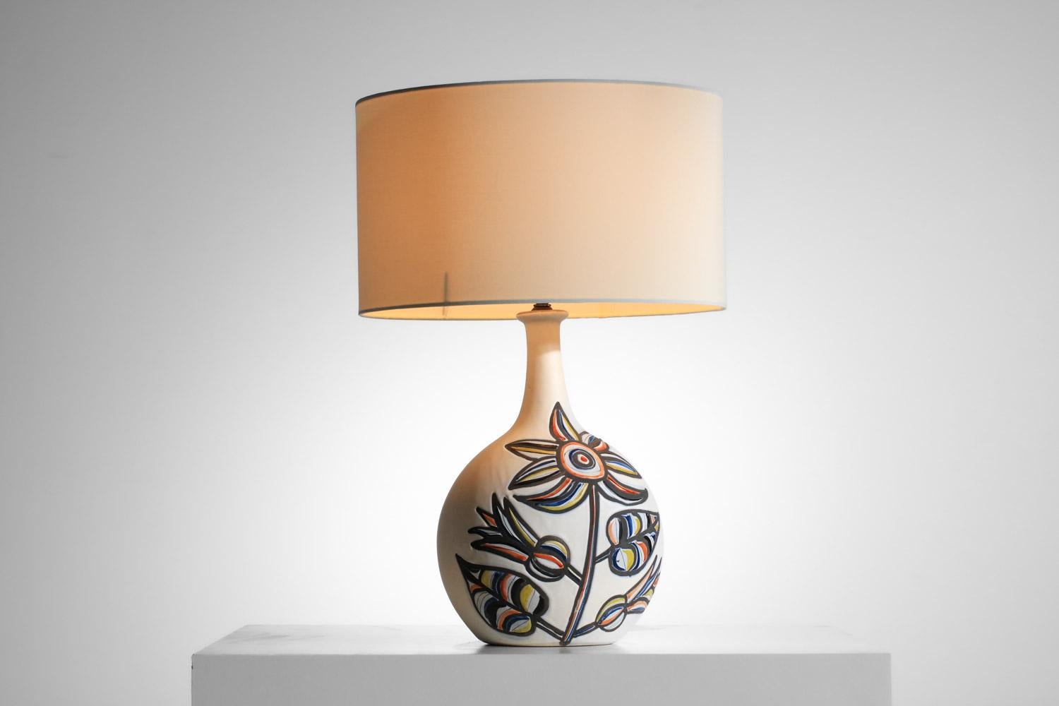 Large ceramic lamp by Roger Capron with flower design Vallauris 1960s In Good Condition For Sale In Ternay, Auvergne-Rhône-Alpes