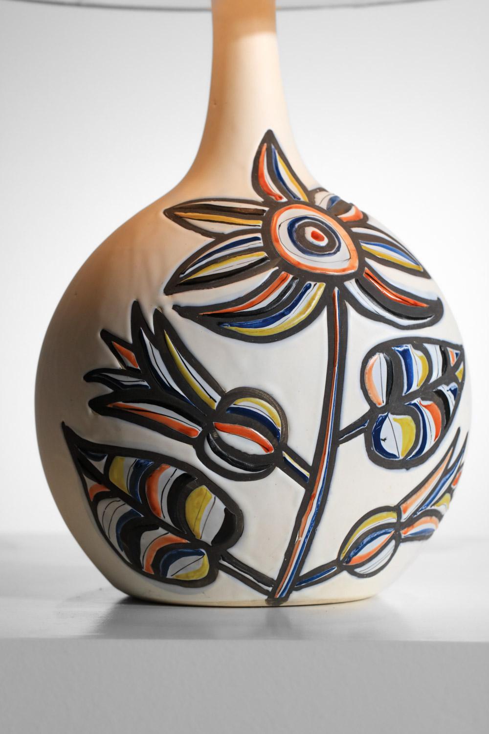 Mid-20th Century Large ceramic lamp by Roger Capron with flower design Vallauris 1960s For Sale