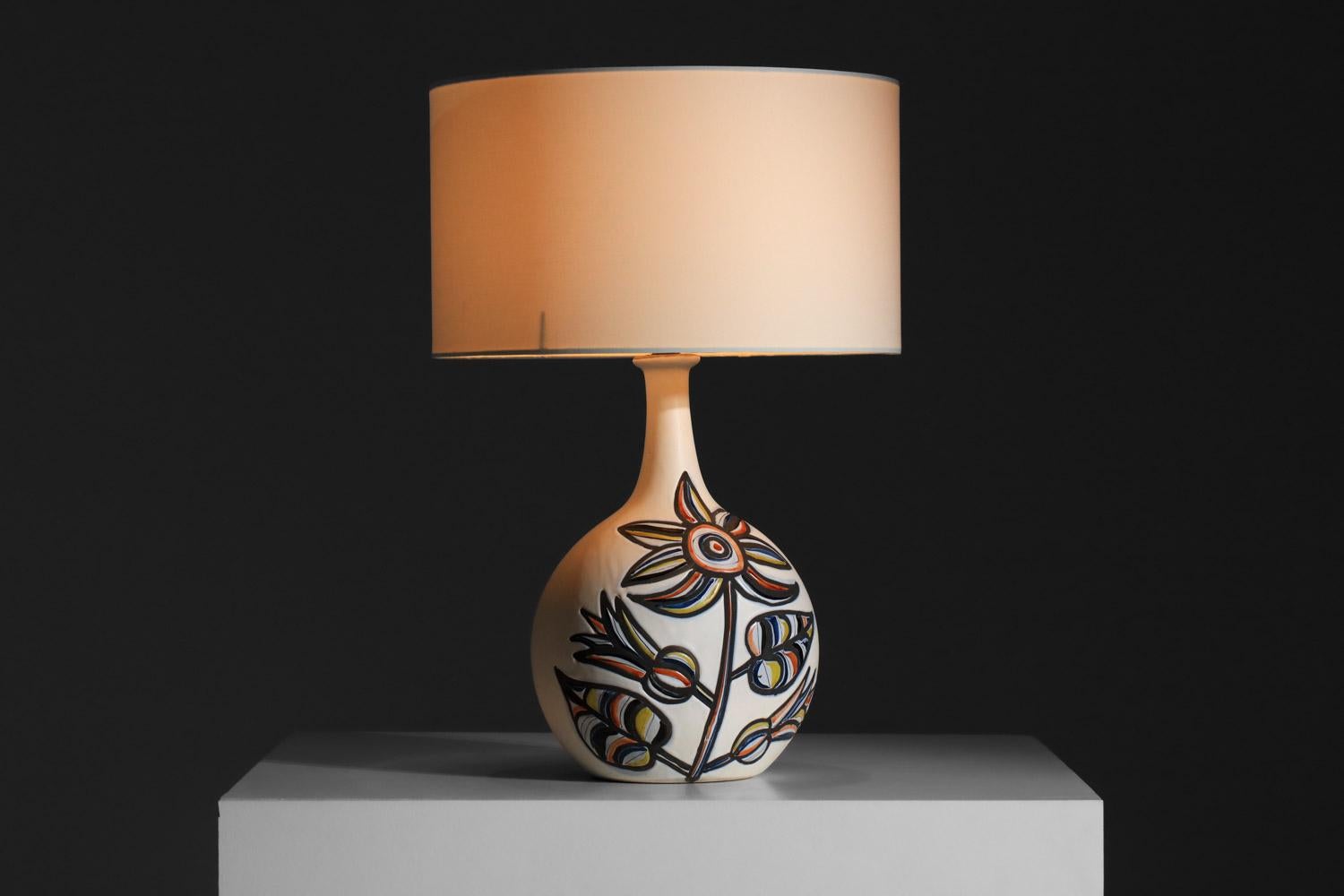 Ceramic Large ceramic lamp by Roger Capron with flower design Vallauris 1960s For Sale