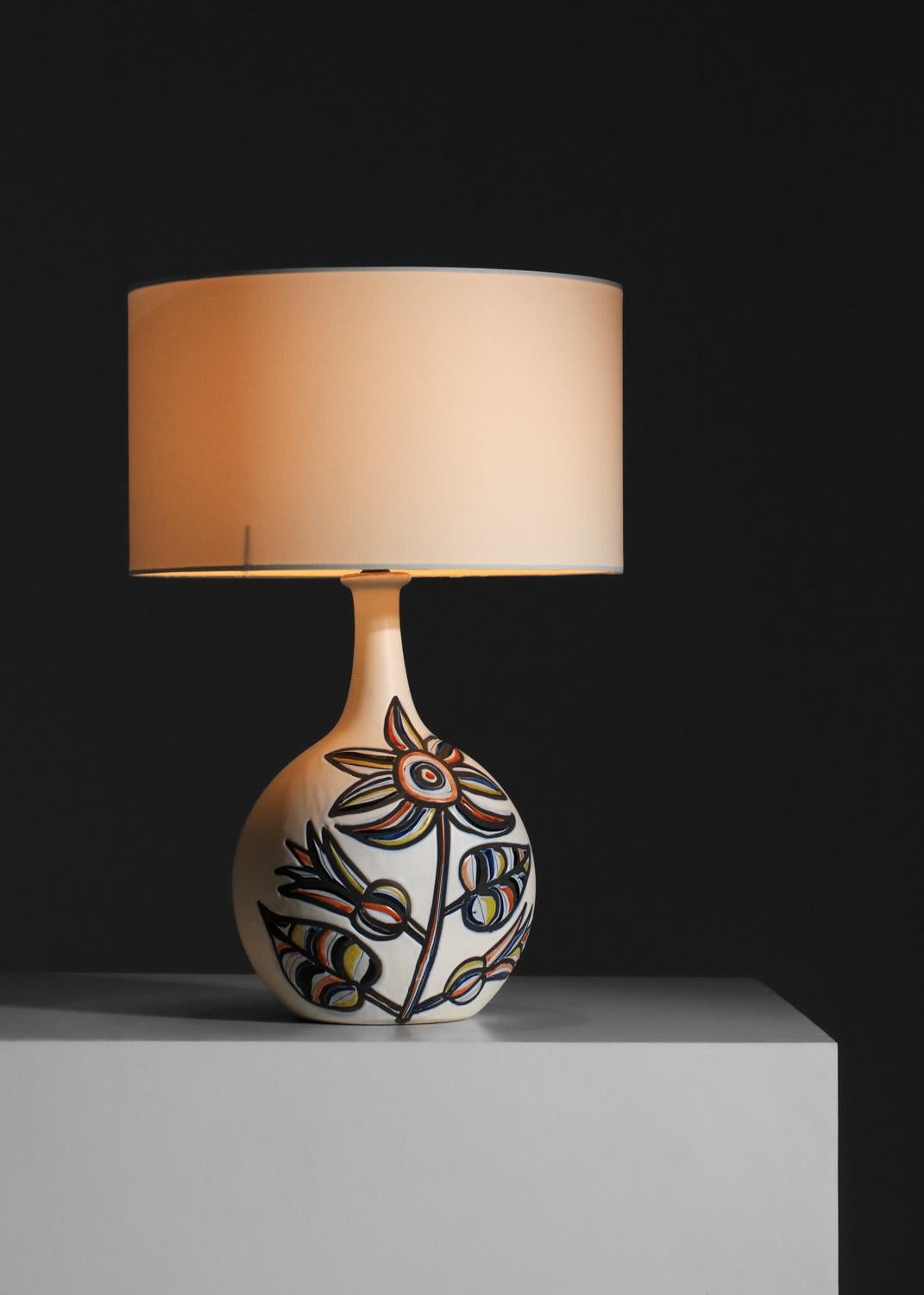 Large ceramic lamp by Roger Capron with flower design Vallauris 1960s For Sale 1