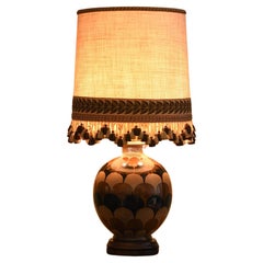 Vintage Large ceramic lamp decorated with fabric lampshade and wooden base