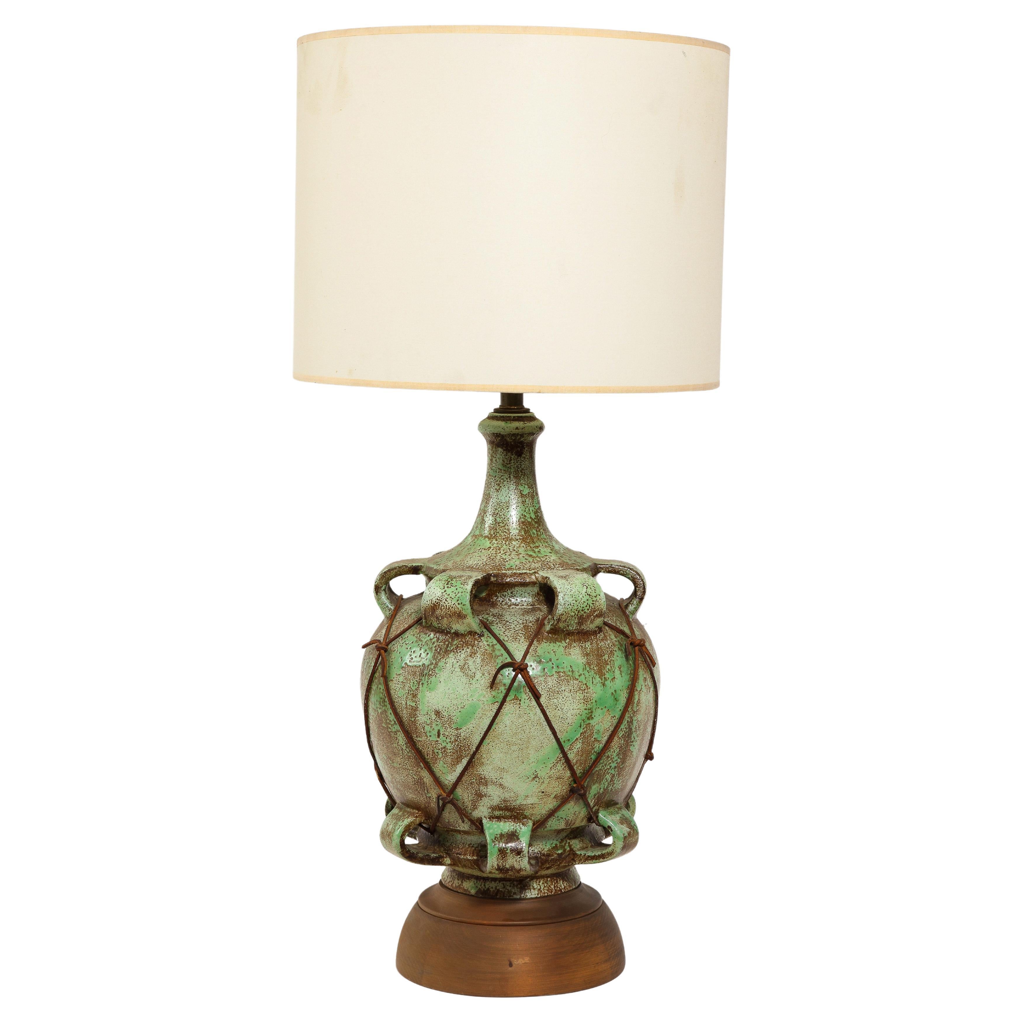 Large Green Ceramic lamp with Leather Details, USA 1950's For Sale
