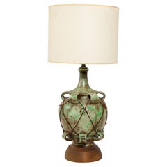 Vintage Large Green Ceramic lamp with Leather Details, USA 1950's