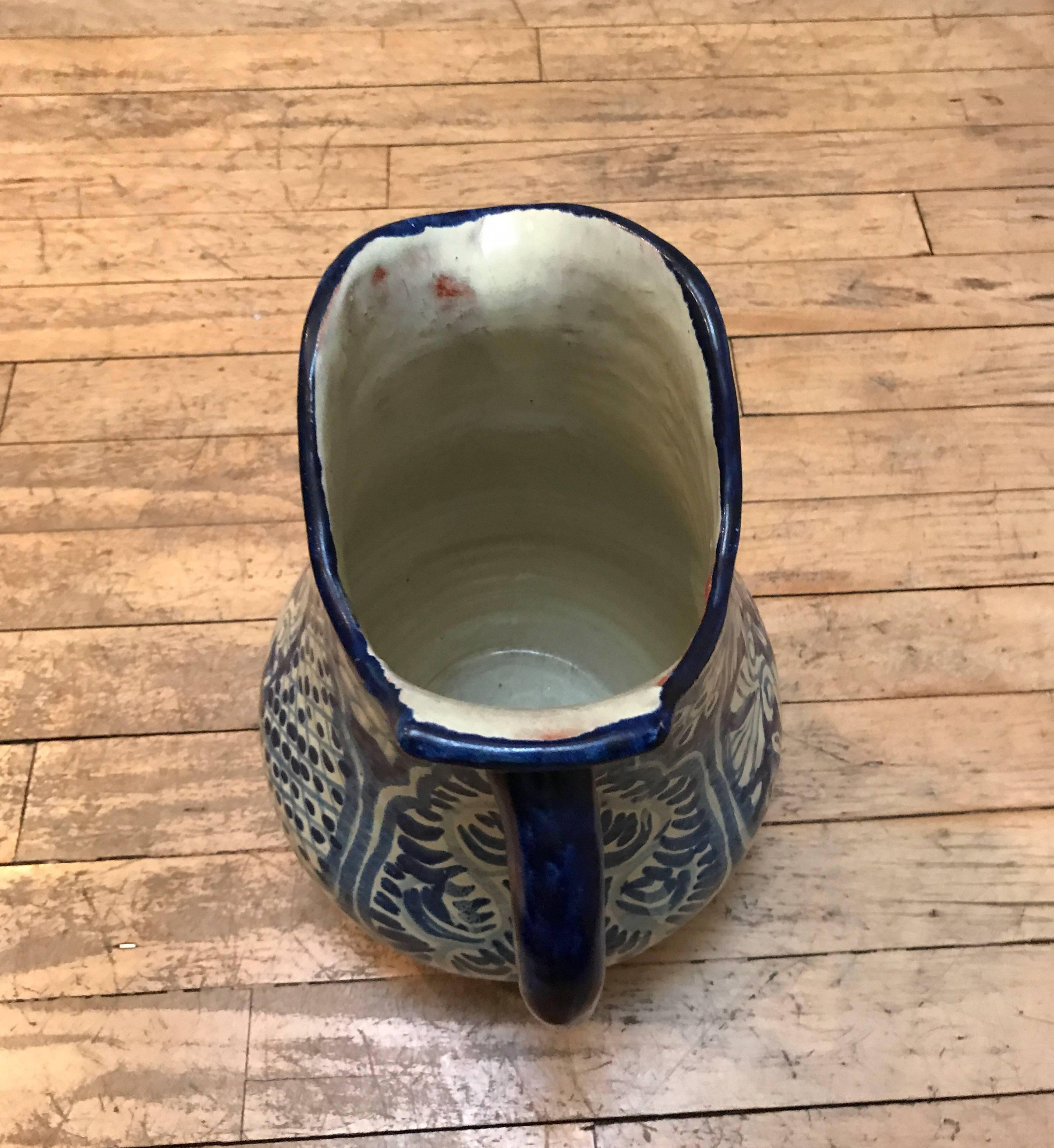 Large Ceramic Mexican Blue and White Talavera Pitcher 6