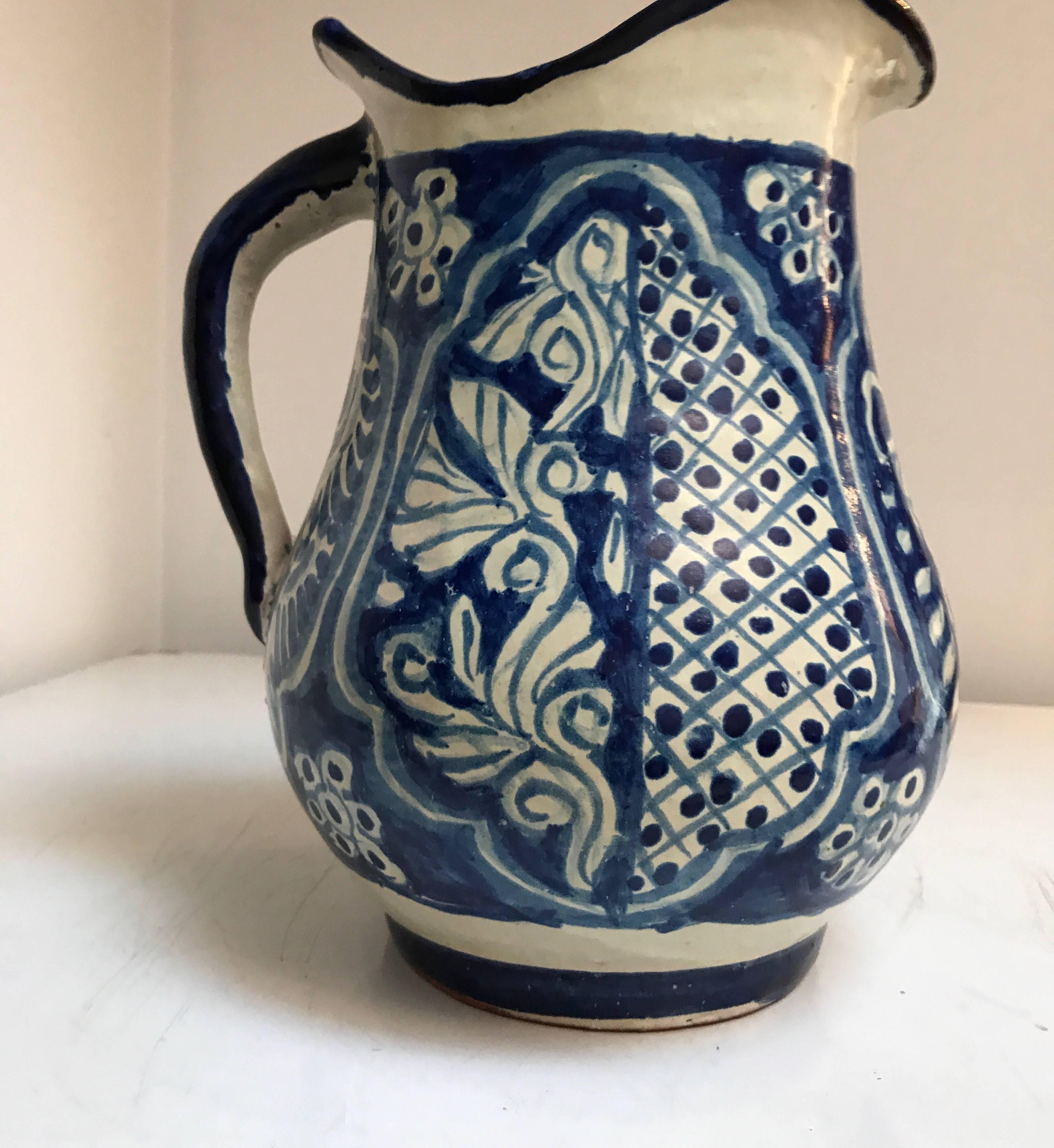 Large Ceramic Mexican Blue and White Talavera Pitcher 7