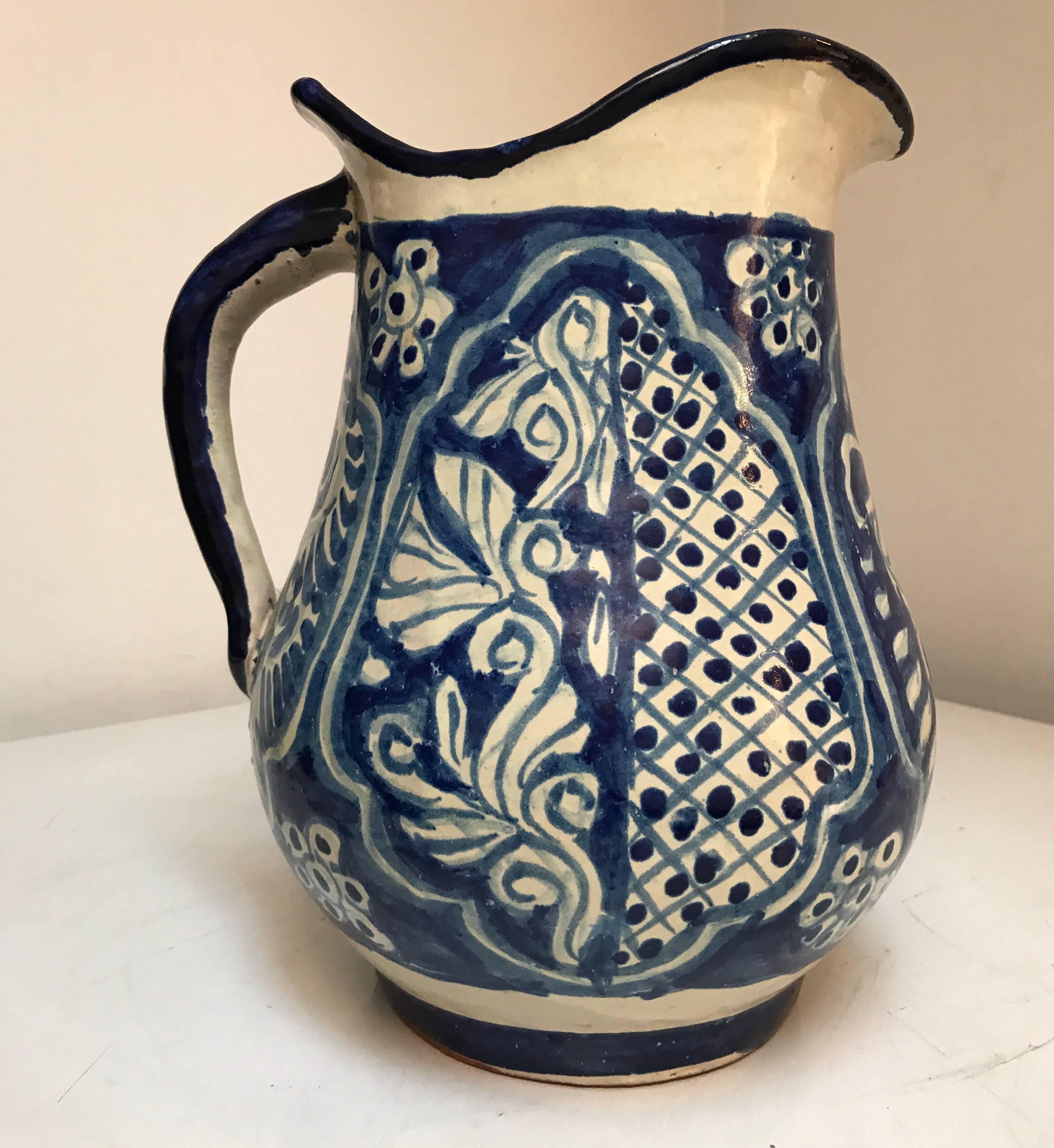 Mid-Century Modern Large Ceramic Mexican Blue and White Talavera Pitcher