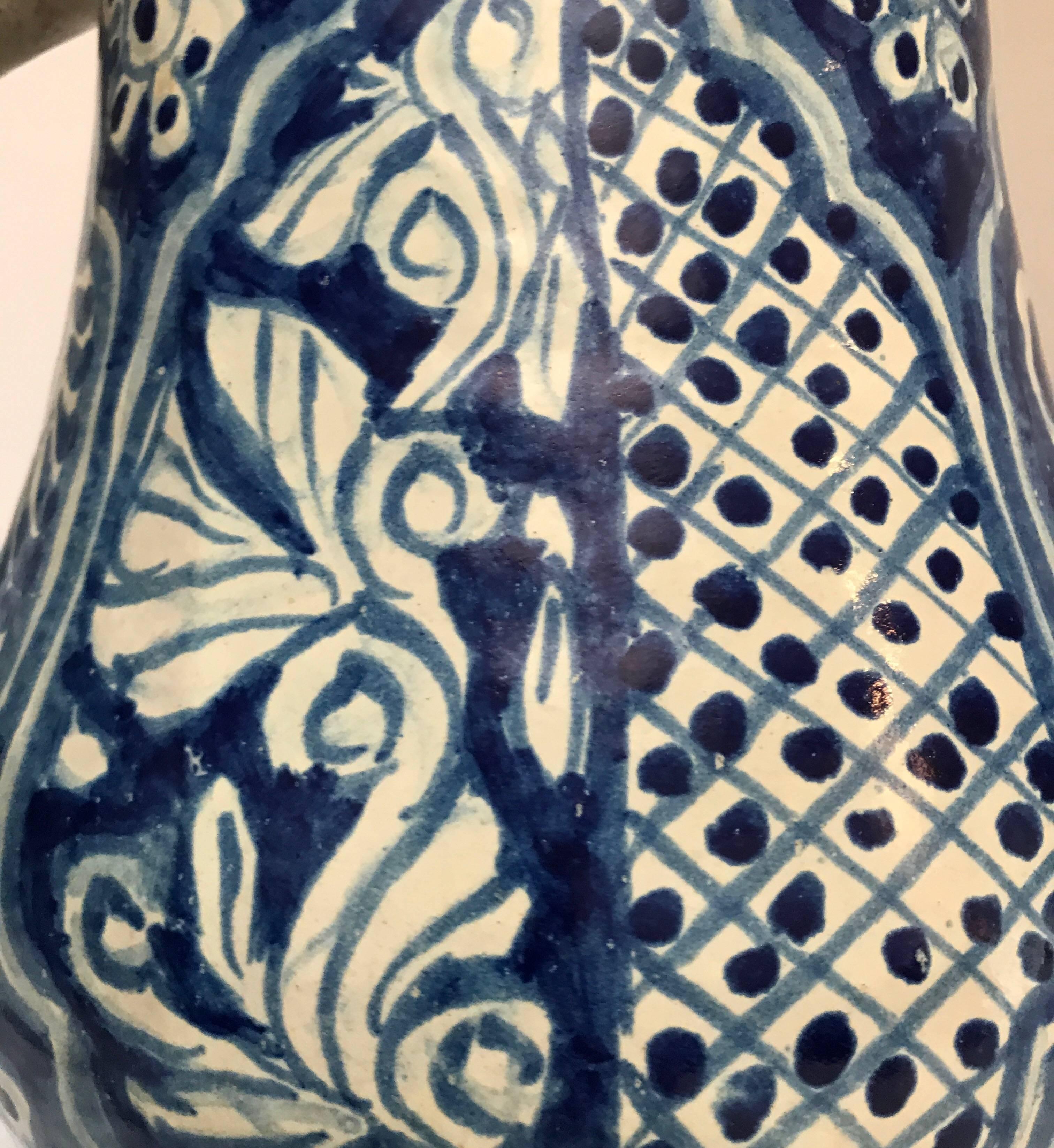 Painted Large Ceramic Mexican Blue and White Talavera Pitcher