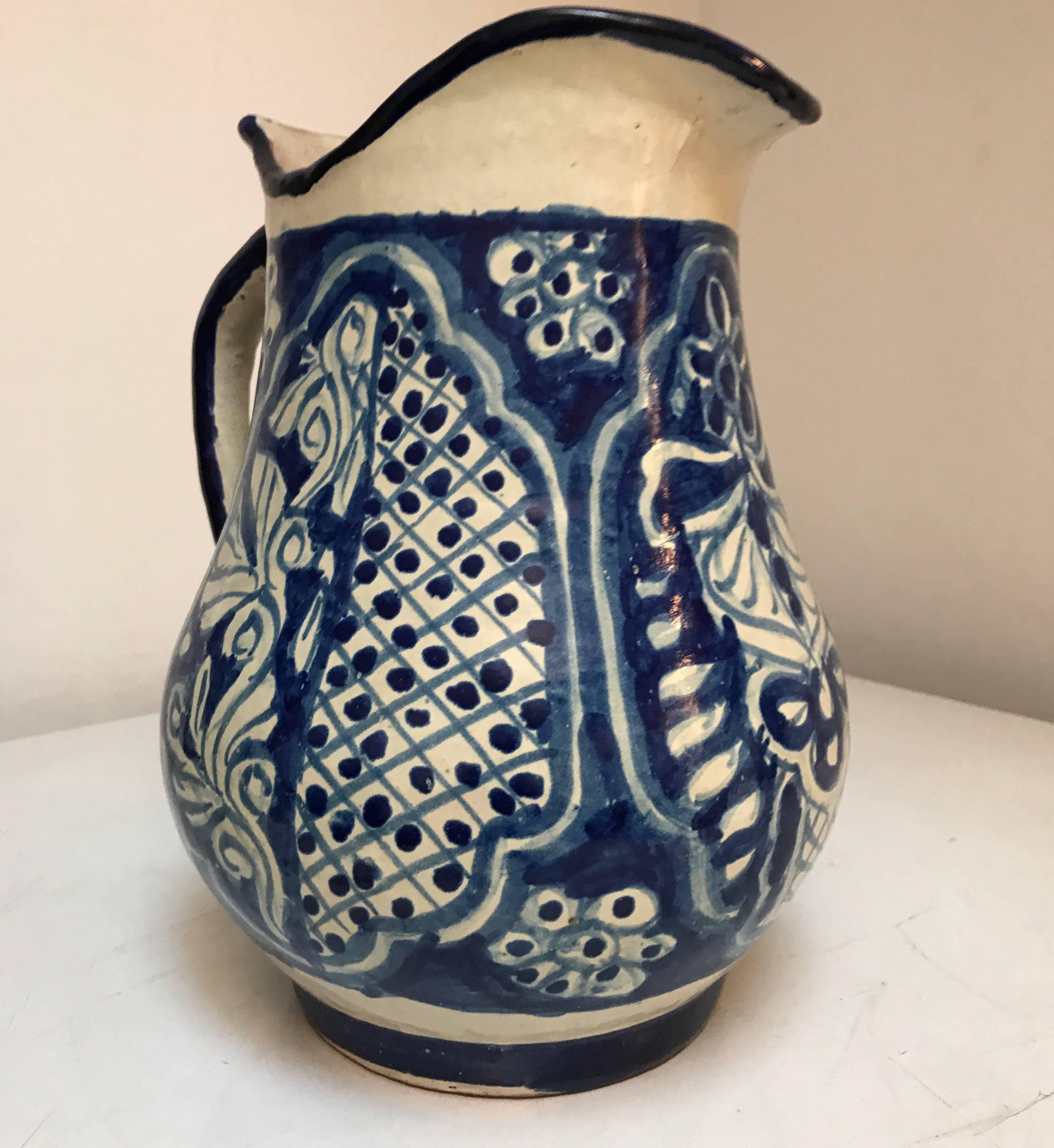 20th Century Large Ceramic Mexican Blue and White Talavera Pitcher