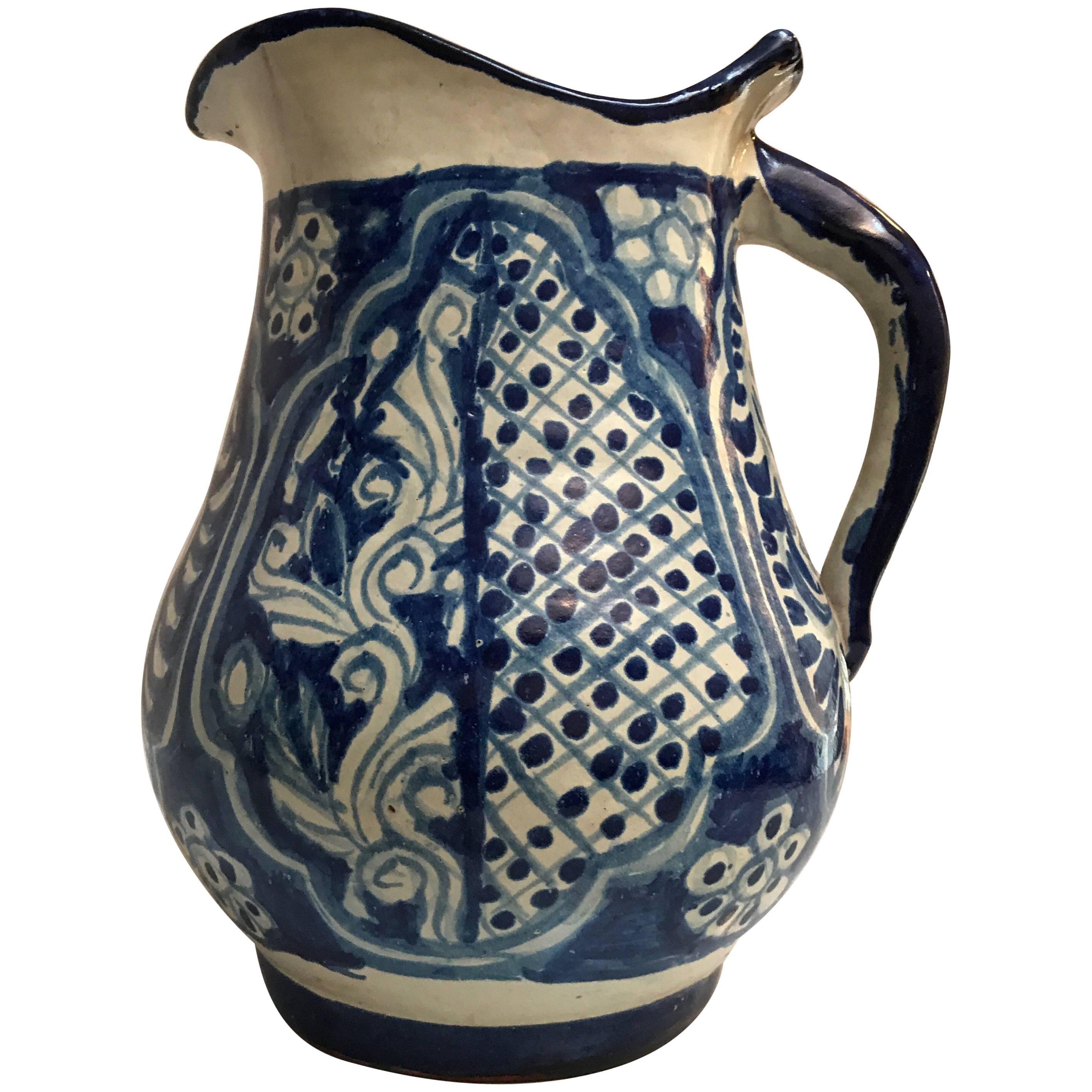 Large Ceramic Mexican Blue and White Talavera Pitcher