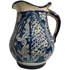 Vintage Large Ceramic Mexican Blue and White Talavera Pitcher