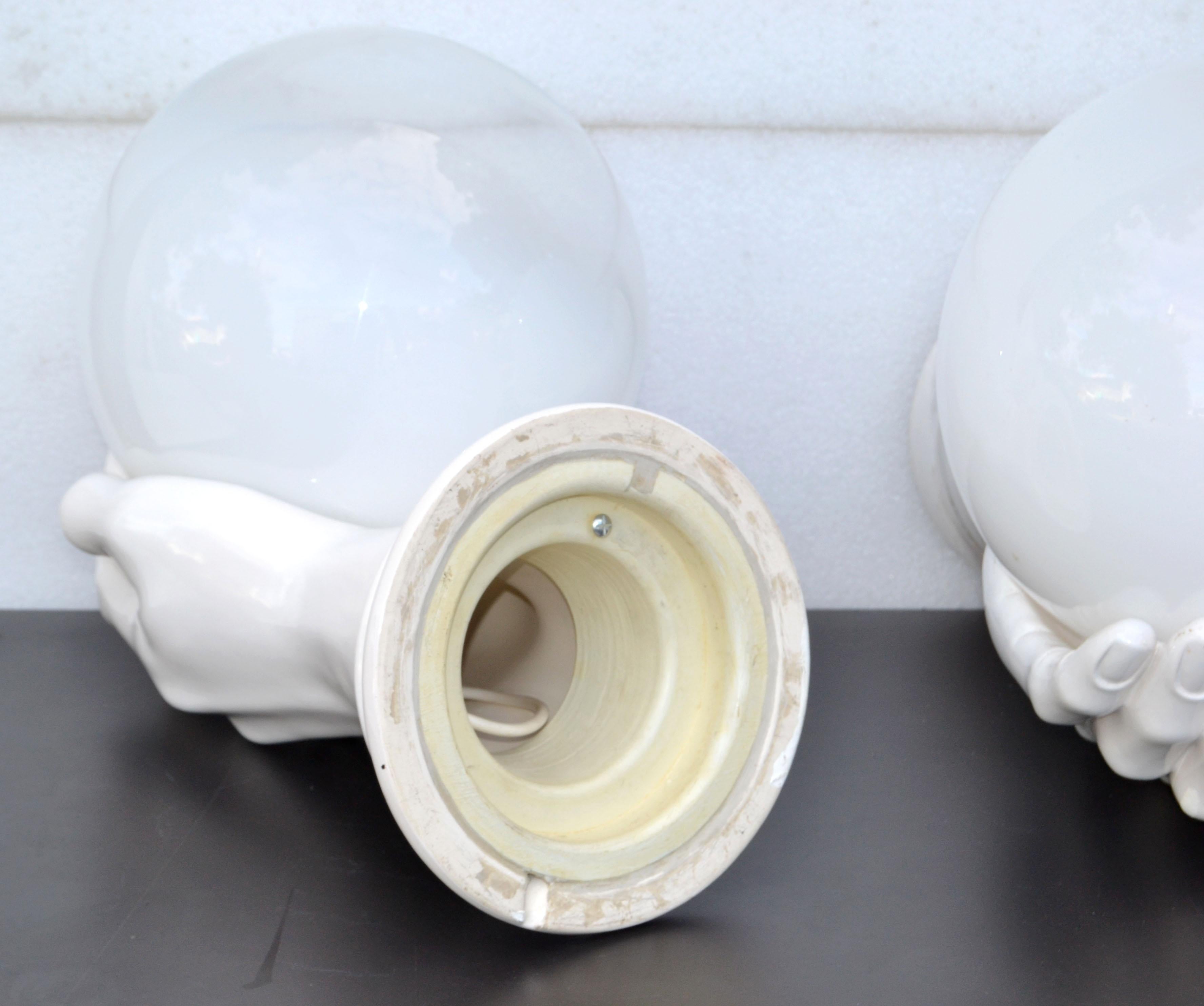 Large Ceramic & Opaline Glass French Hand Sconces Wall Lights Mid-Century Modern For Sale 7