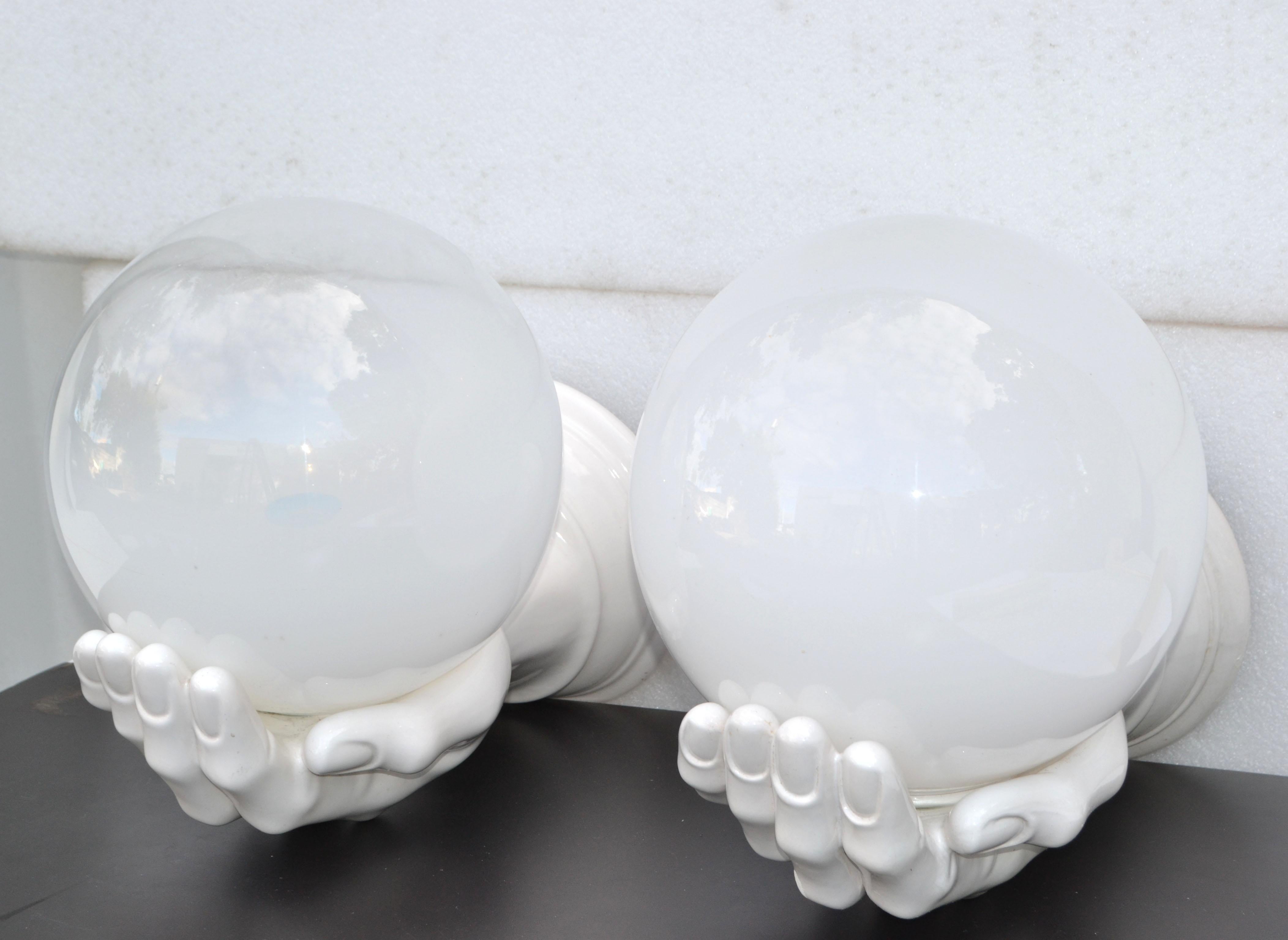 Large Ceramic & Opaline Glass French Hand Sconces Wall Lights Mid-Century Modern For Sale 8