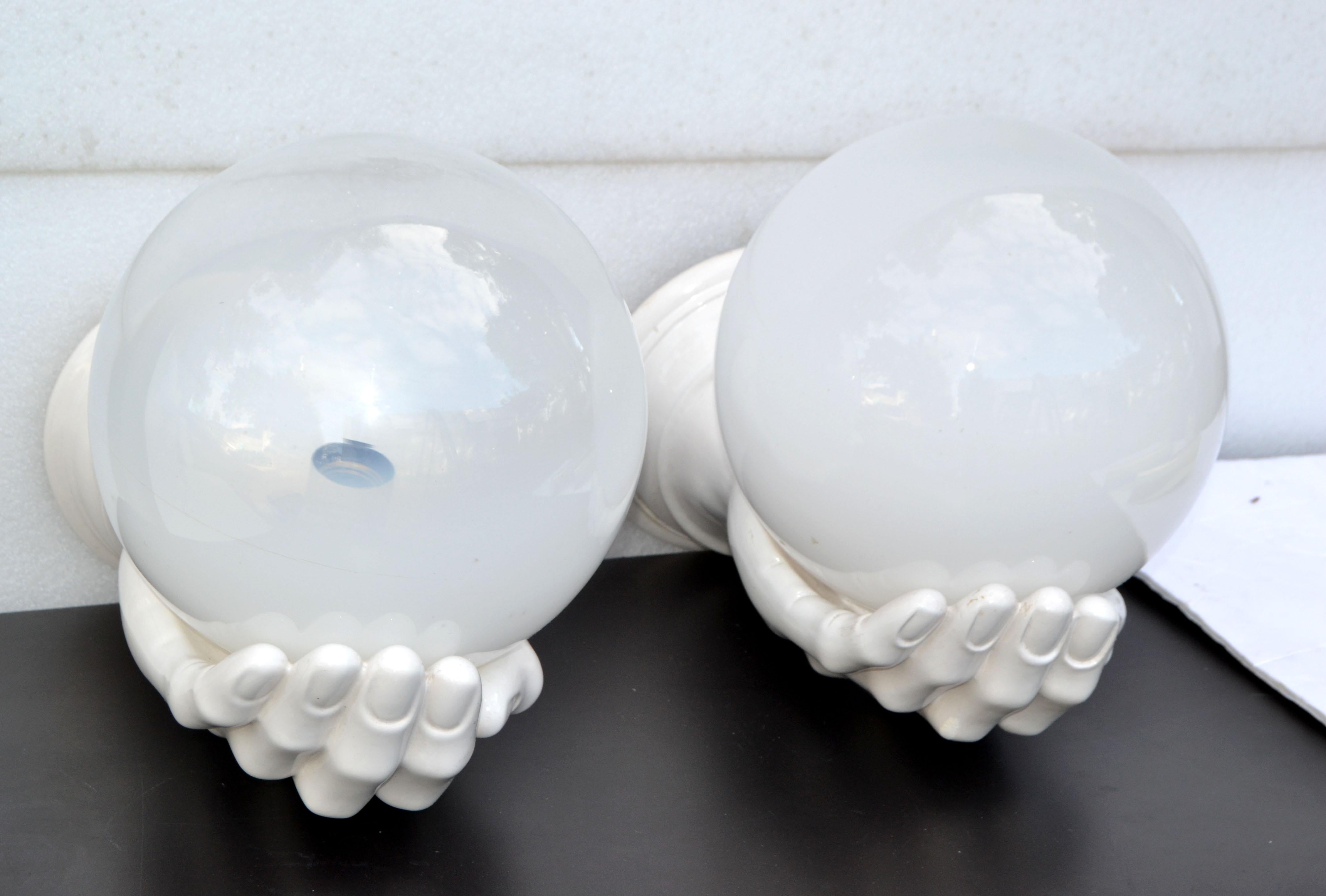 Large Ceramic & Opaline Glass French Hand Sconces Wall Lights Mid-Century Modern For Sale 9
