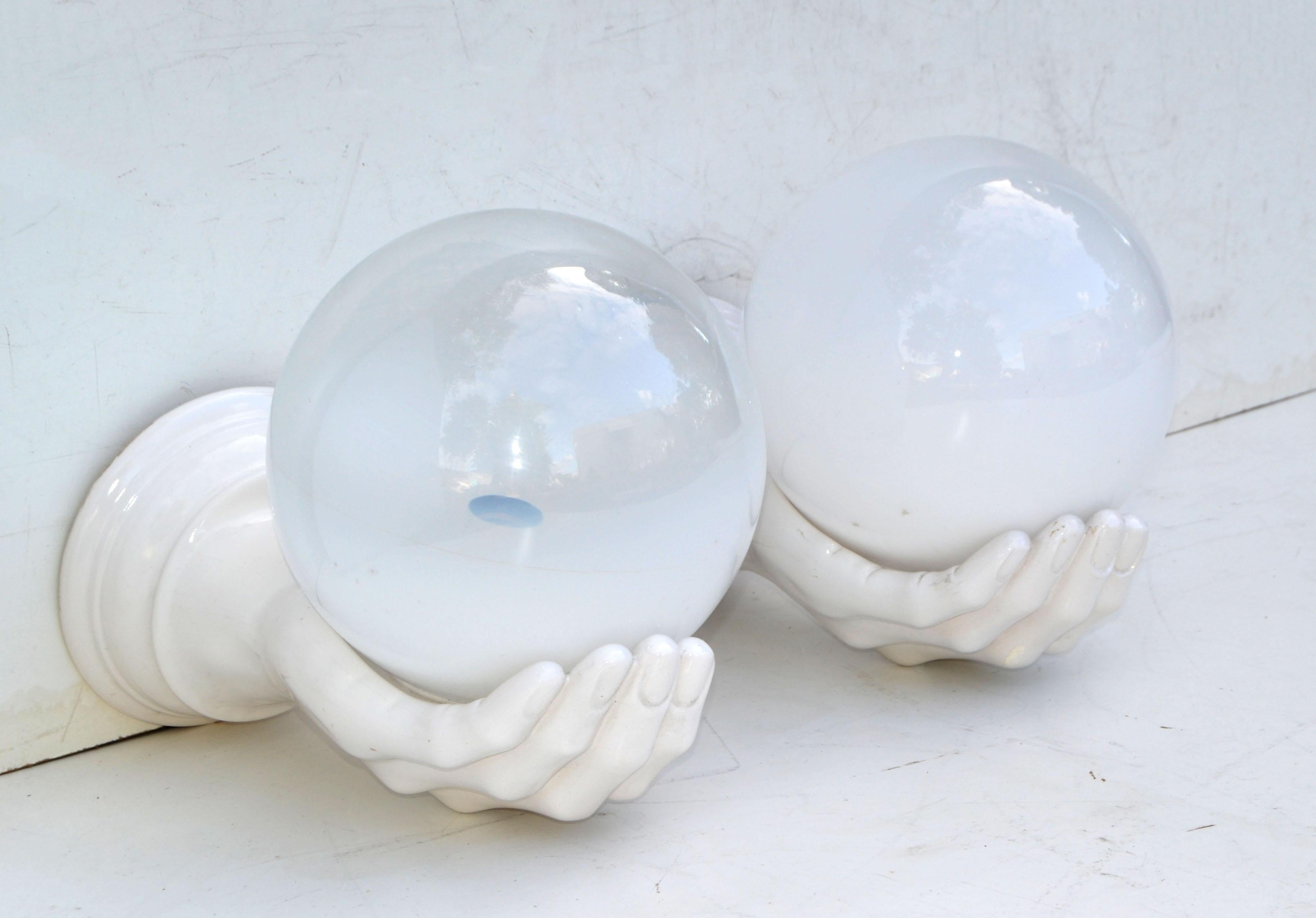 Large Ceramic & Opaline Glass French Hand Sconces Wall Lights Mid-Century Modern For Sale 10