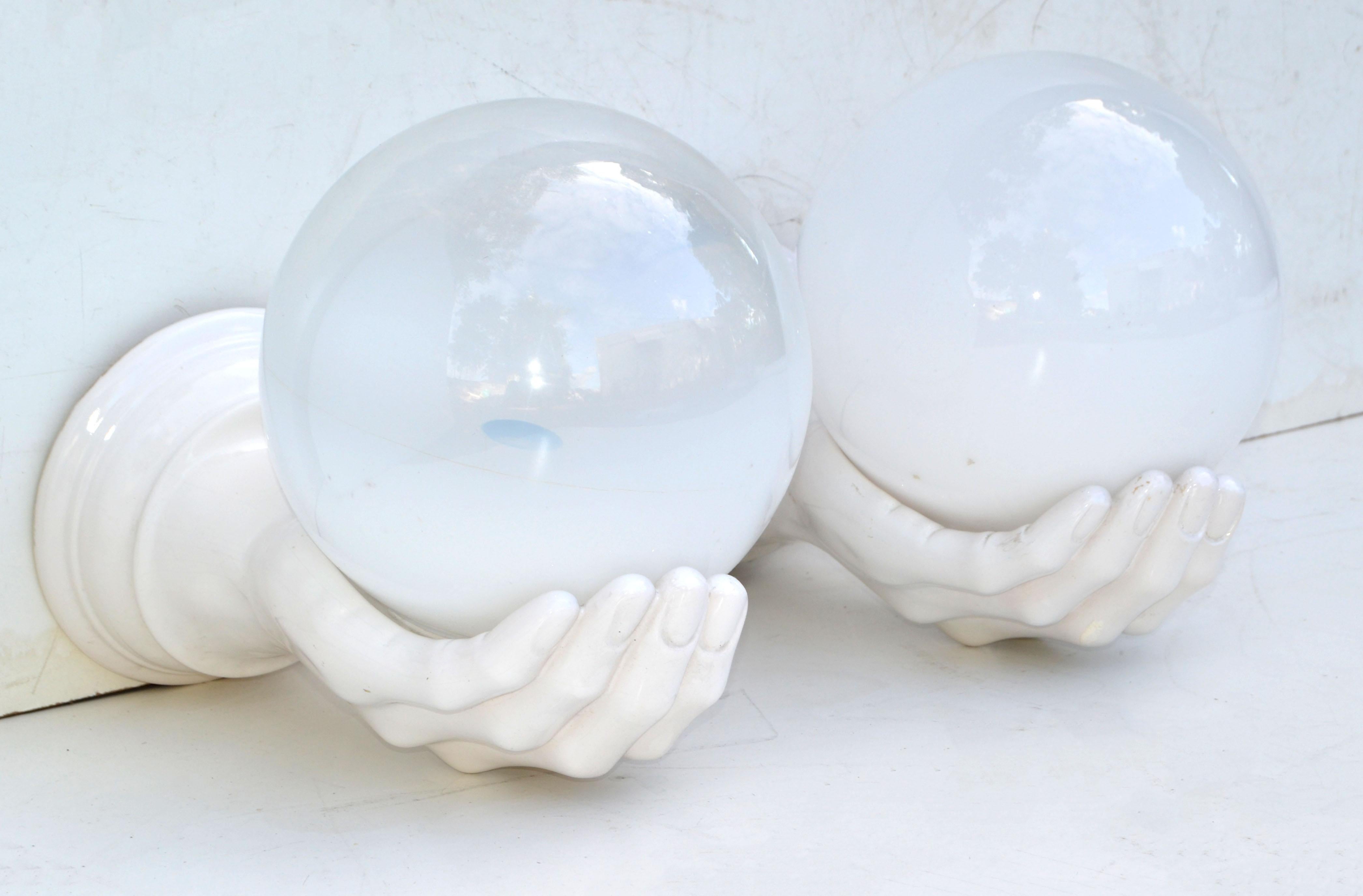 Large Ceramic & Opaline Glass French Hand Sconces Wall Lights Mid-Century Modern In Good Condition For Sale In Miami, FL
