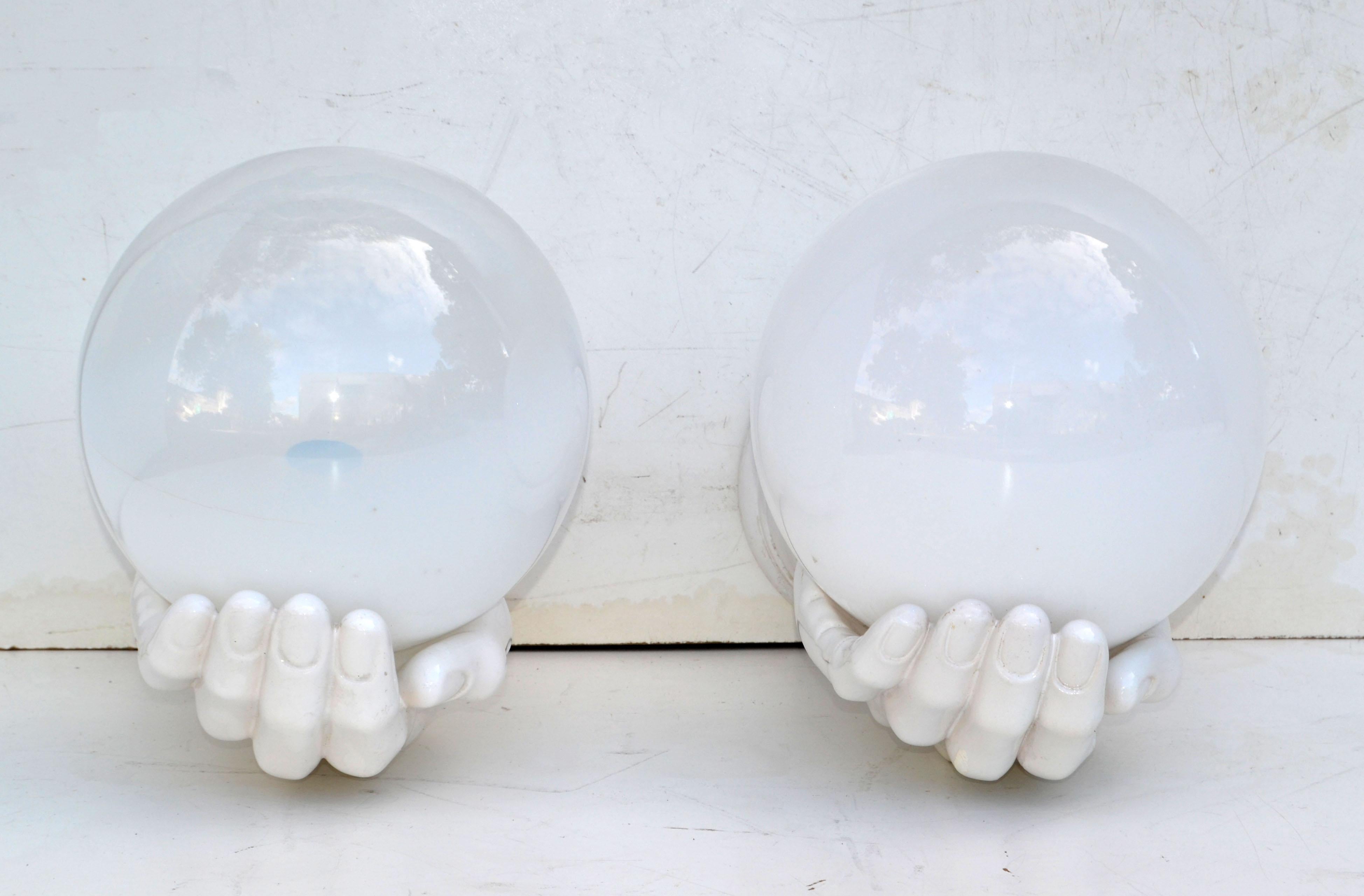 Large Ceramic & Opaline Glass French Hand Sconces Wall Lights Mid-Century Modern For Sale 1