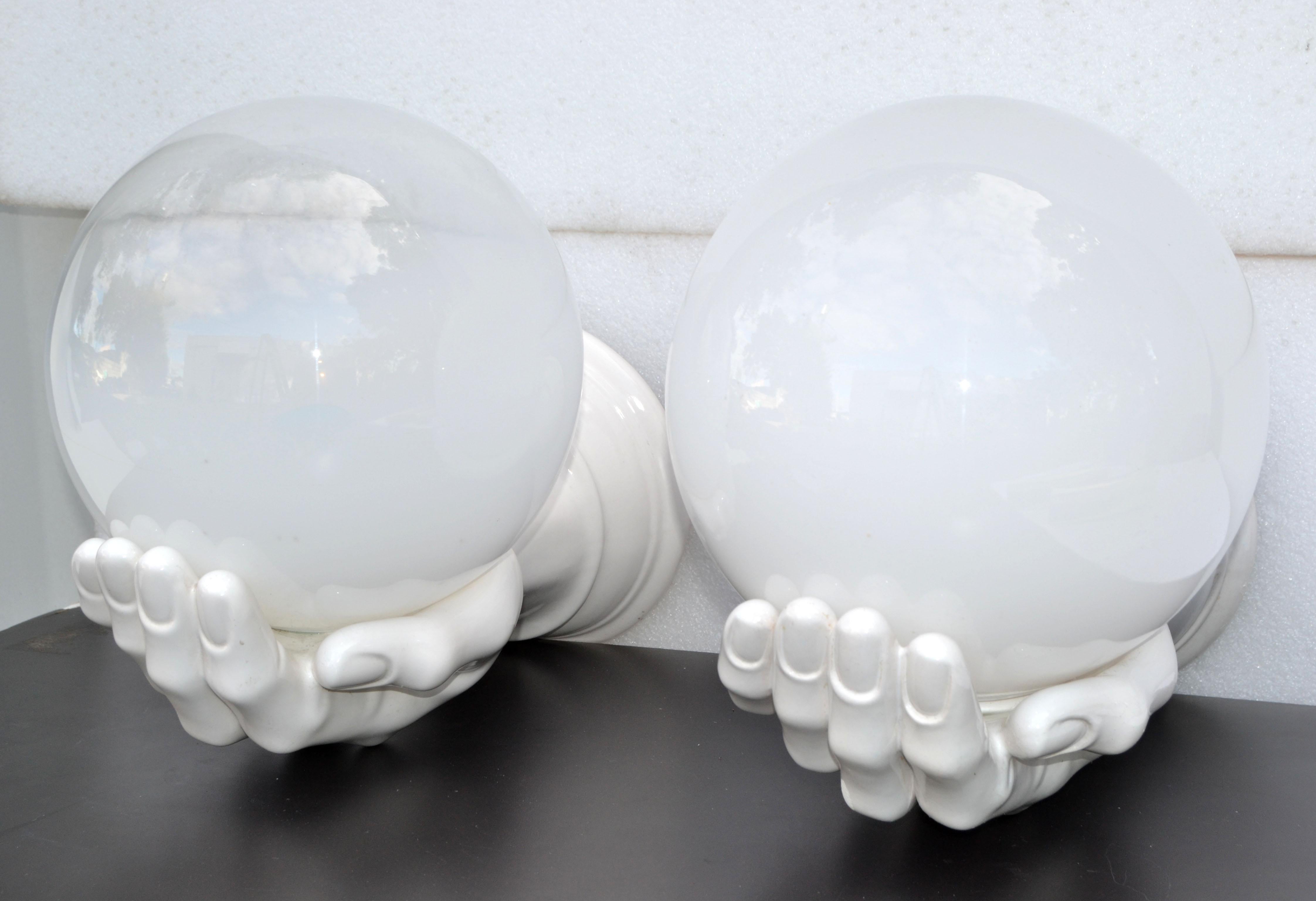 Large Ceramic & Opaline Glass French Hand Sconces Wall Lights Mid-Century Modern For Sale 2