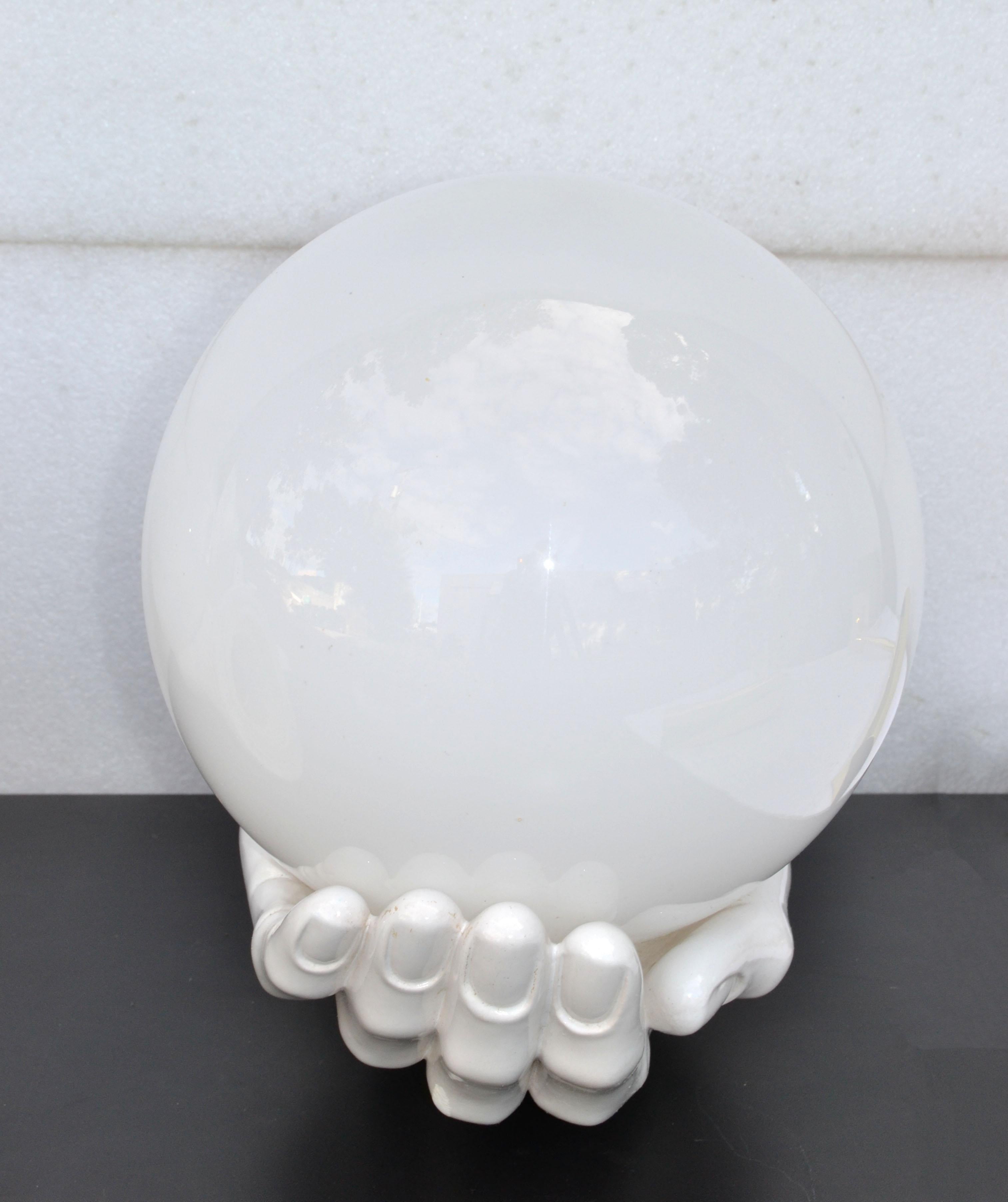 Large Ceramic & Opaline Glass French Hand Sconces Wall Lights Mid-Century Modern For Sale 3