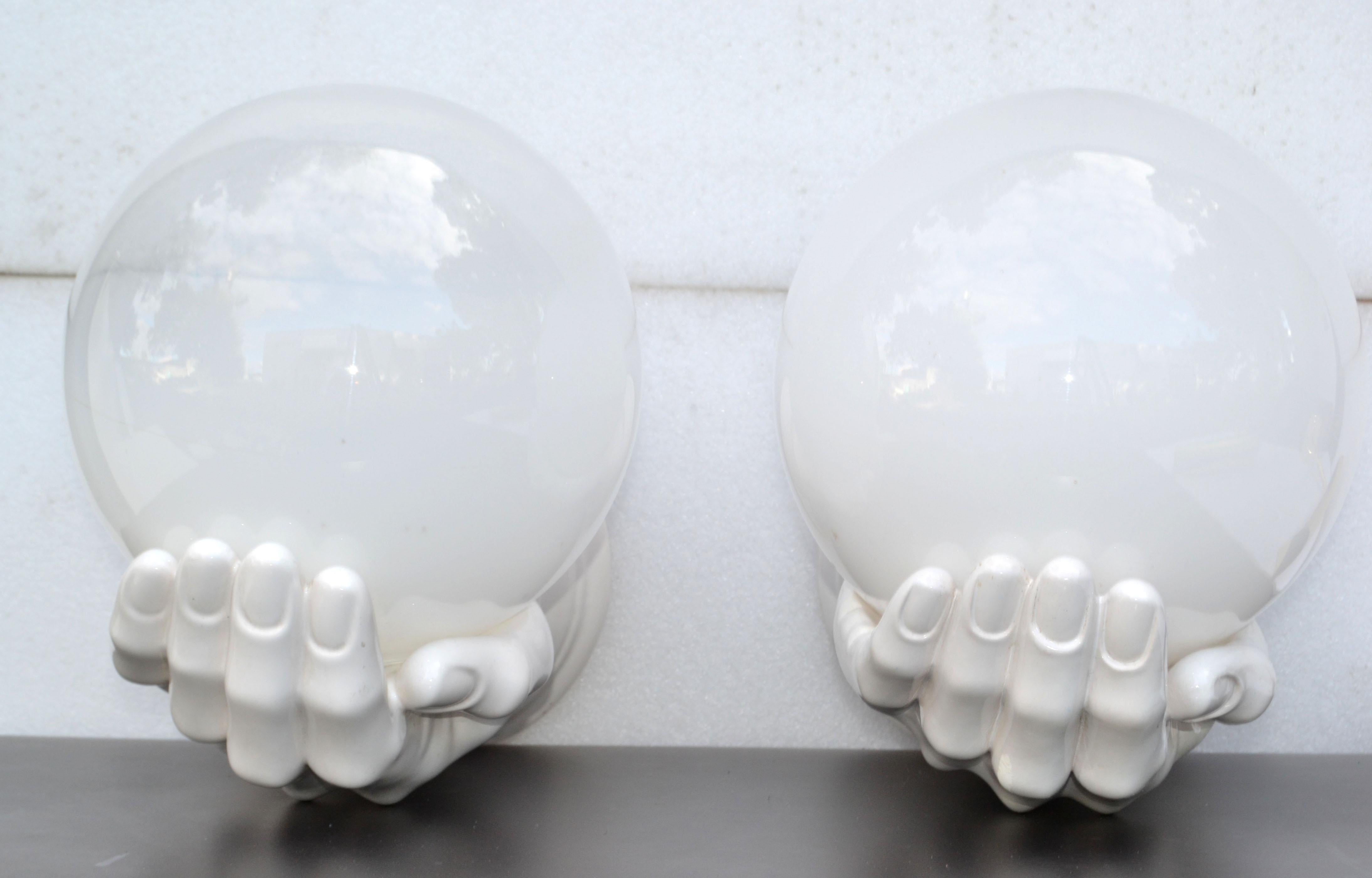 Large Ceramic & Opaline Glass French Hand Sconces Wall Lights Mid-Century Modern For Sale 4