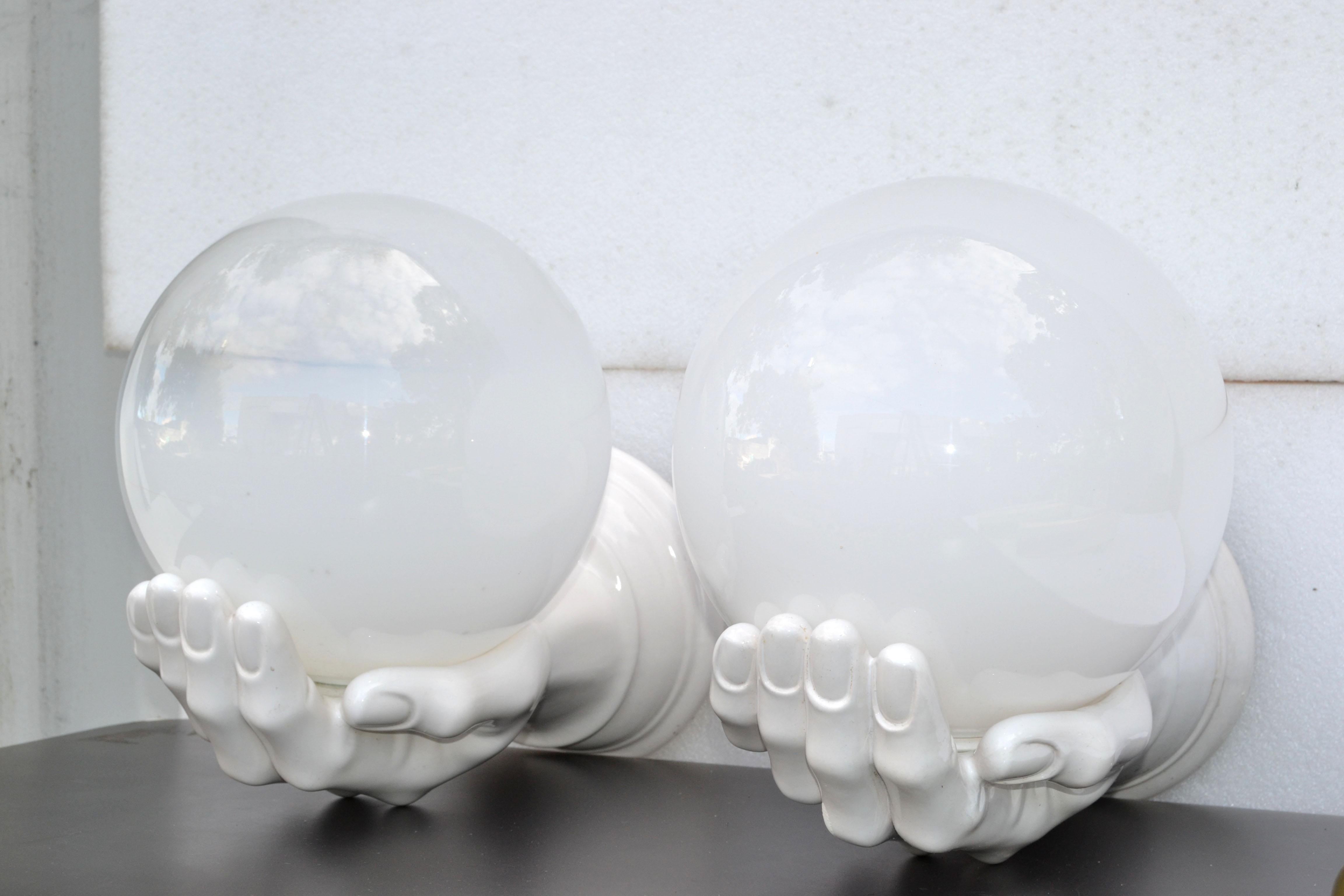 Large Ceramic & Opaline Glass French Hand Sconces Wall Lights Mid-Century Modern For Sale 5