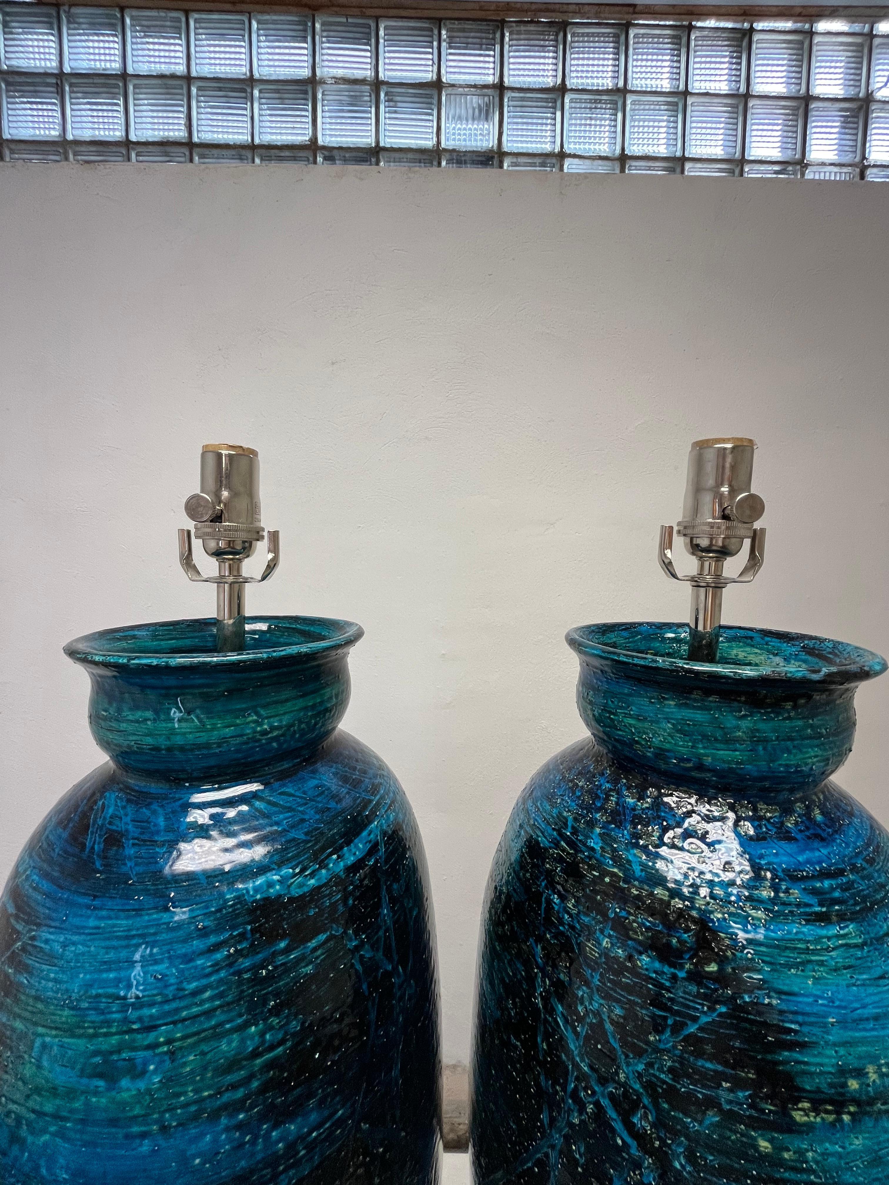 Large Ceramic Pair Rimini Blue Table Lamps by Aldo Londi for Bitossi, Italy For Sale 2