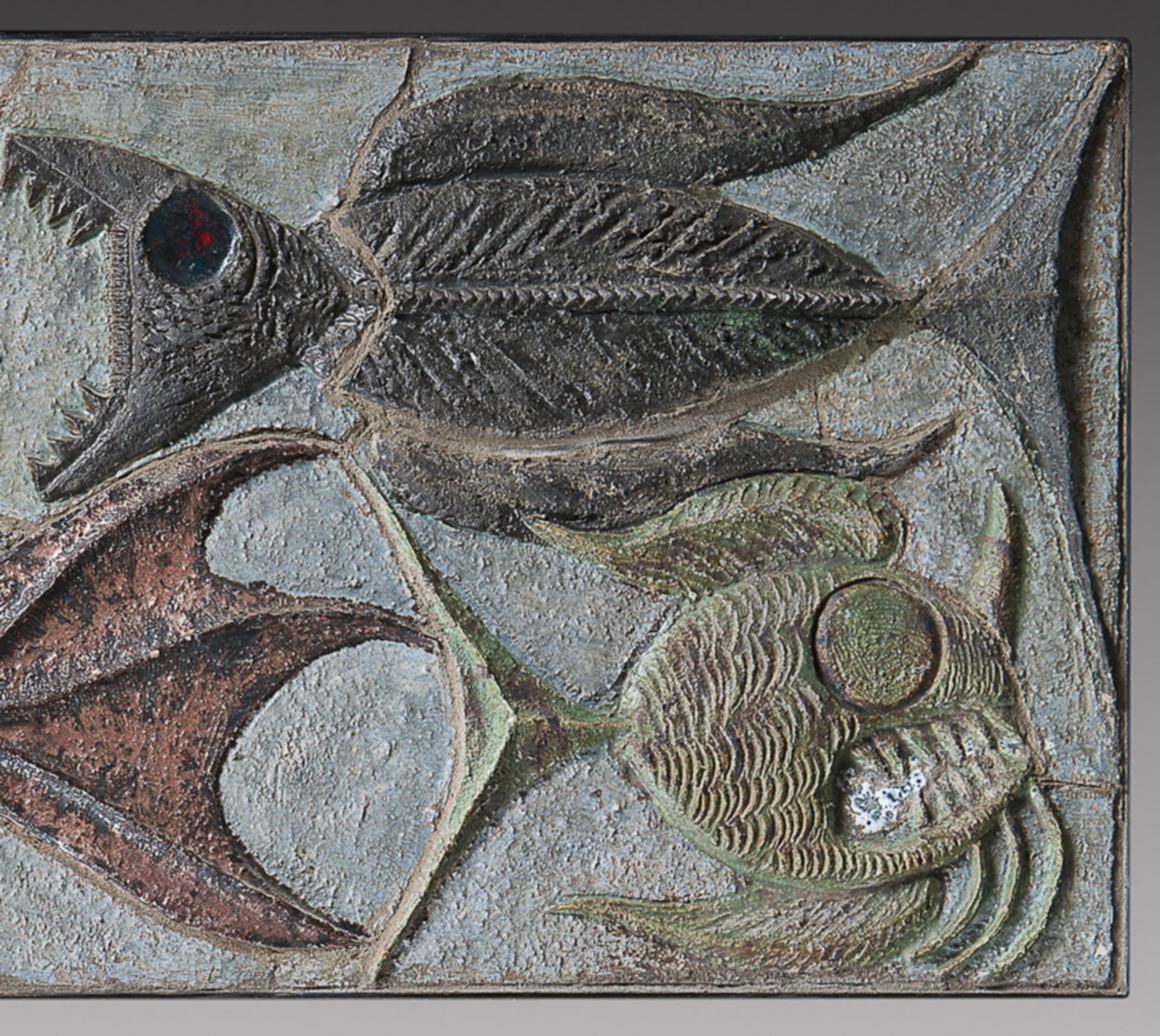 Belgian Large ceramic panel decorated with fish, Belgium, 1969 For Sale
