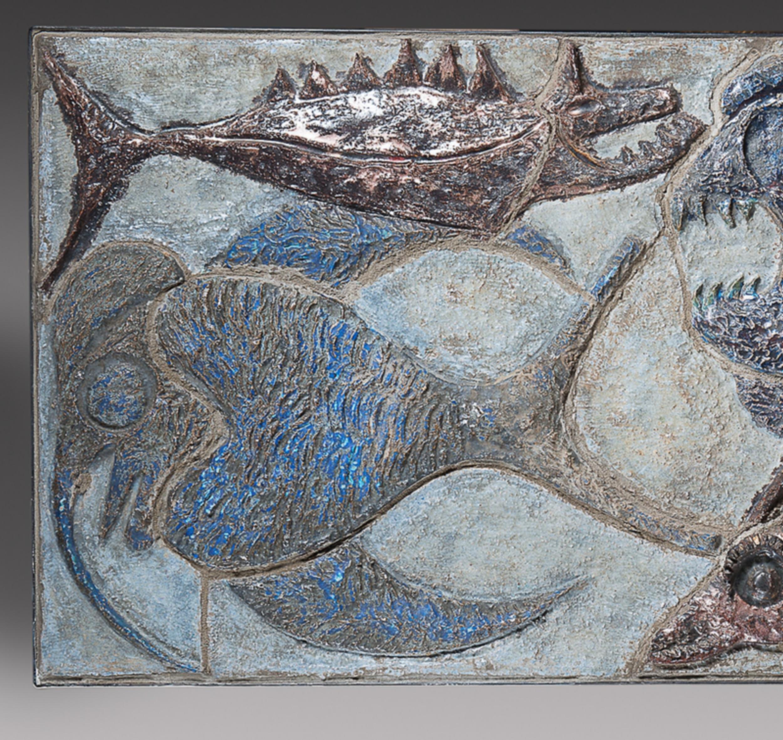 Glazed Large ceramic panel decorated with fish, Belgium, 1969 For Sale