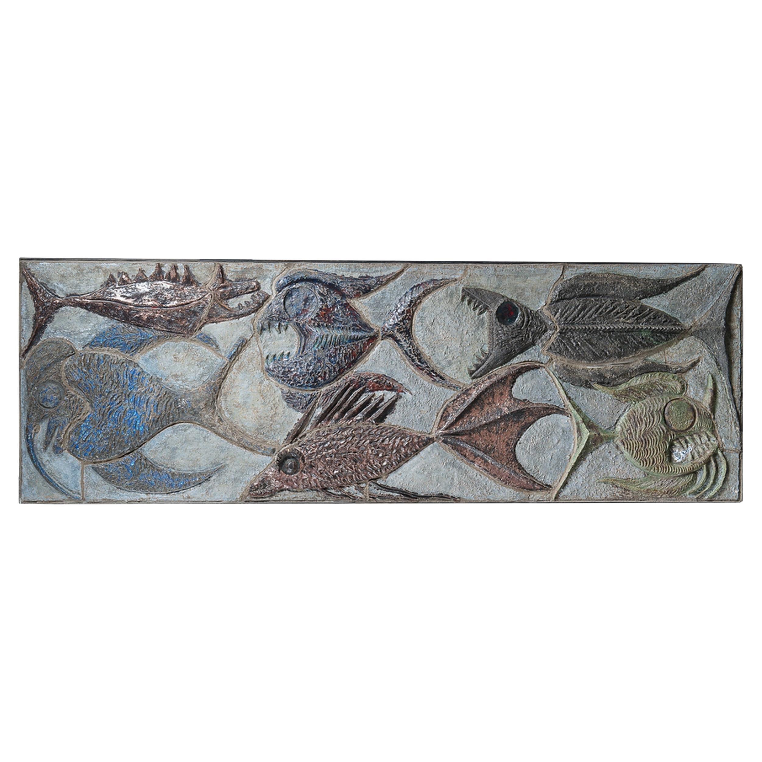 Large ceramic panel decorated with fish, Belgium, 1969 For Sale