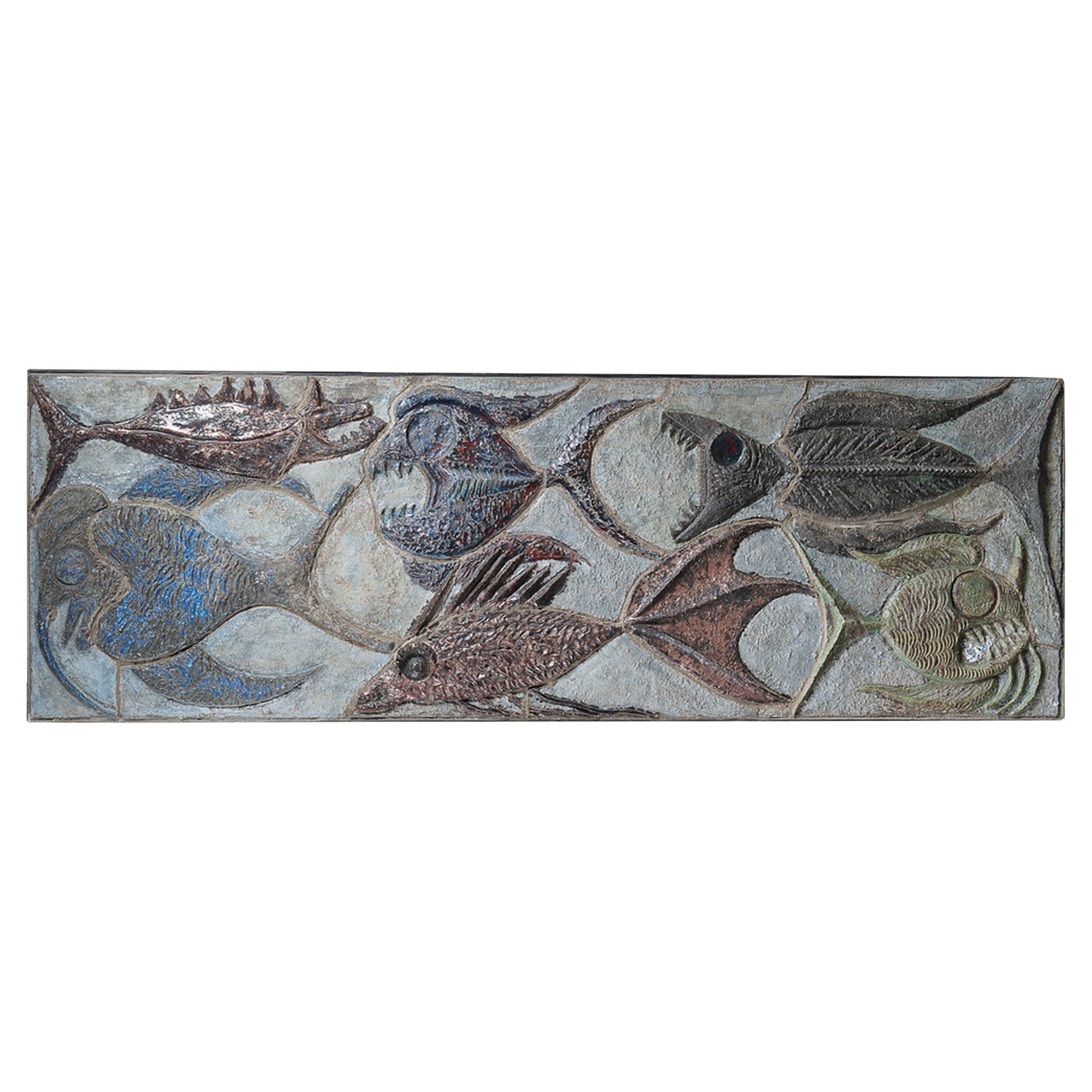 Gran panel de cerámica decorado con peces, Bélgica, 1969