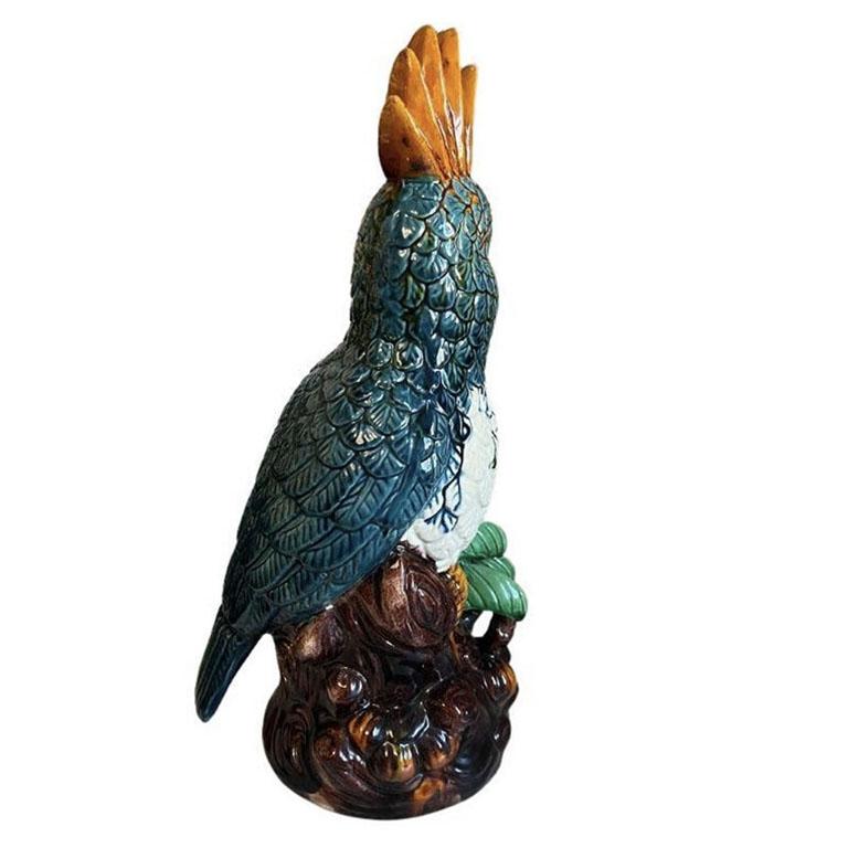 American Large Ceramic Parrot Bird Sculpture in Blue and Orange Polychrome Majolica  For Sale