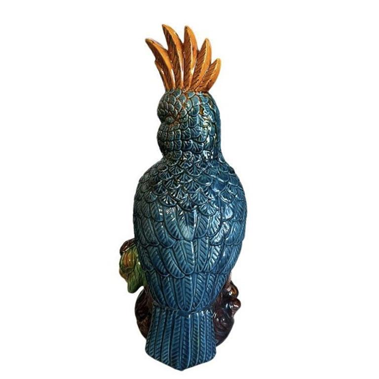 Large Ceramic Parrot Bird Sculpture in Blue and Orange Polychrome Majolica  In Good Condition For Sale In Oklahoma City, OK