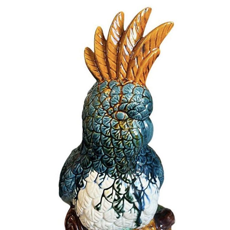20th Century Large Ceramic Parrot Bird Sculpture in Blue and Orange Polychrome Majolica  For Sale