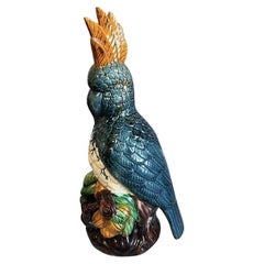 Large Ceramic Parrot Bird Sculpture in Blue and Orange Polychrome Majolica 