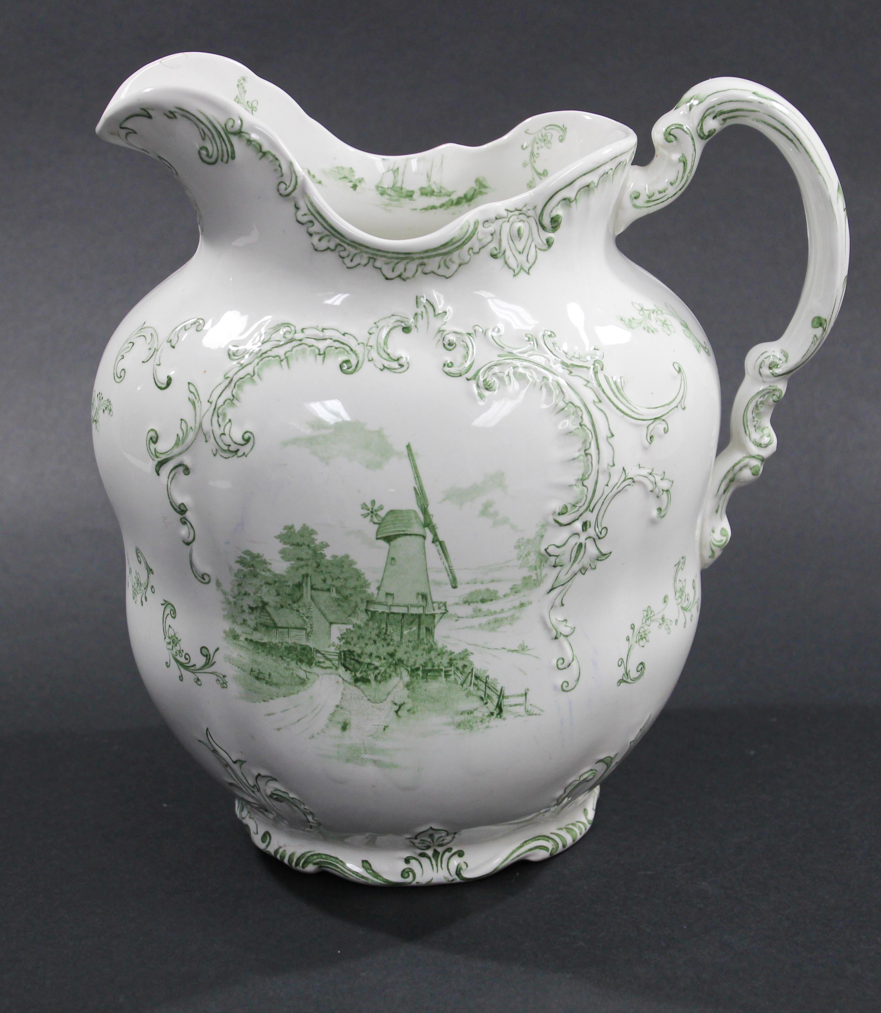 Large Ceramic Pitcher Green and White by Royal Delft England 11