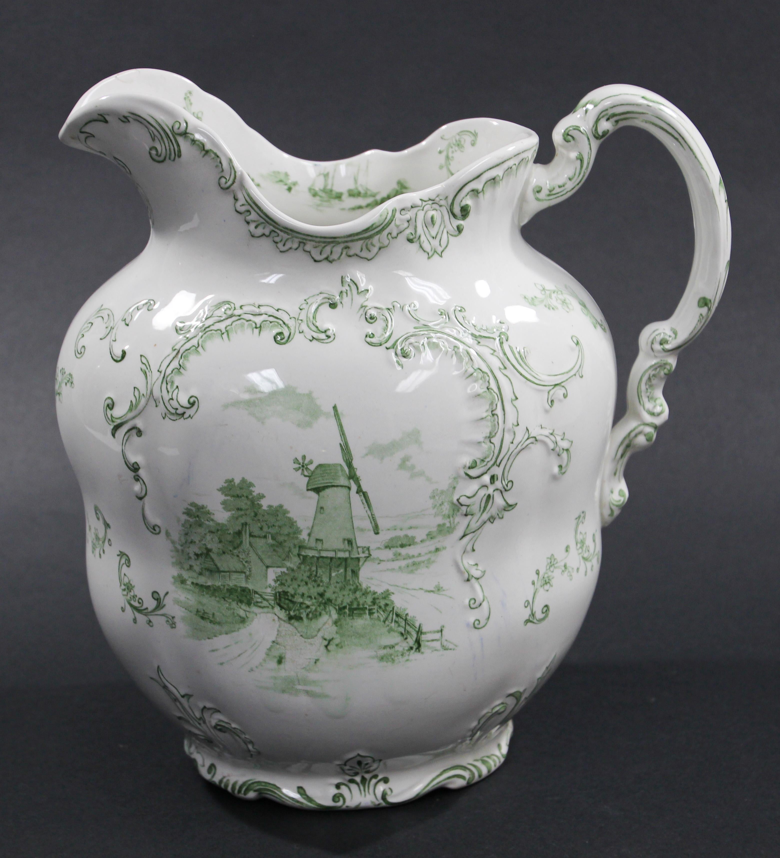 Folk Art Large Ceramic Pitcher Green and White by Royal Delft England