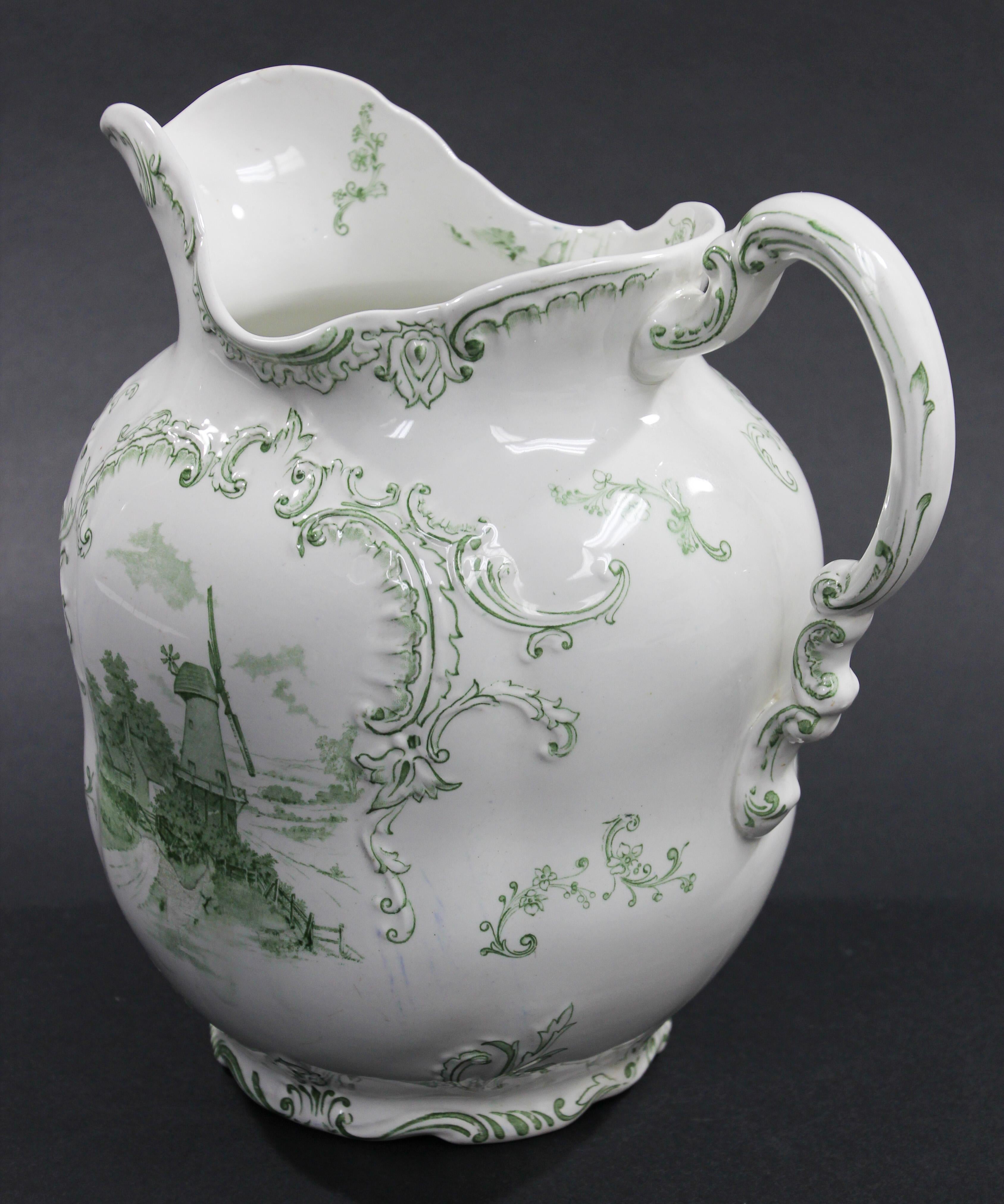 English Large Ceramic Pitcher Green and White by Royal Delft England