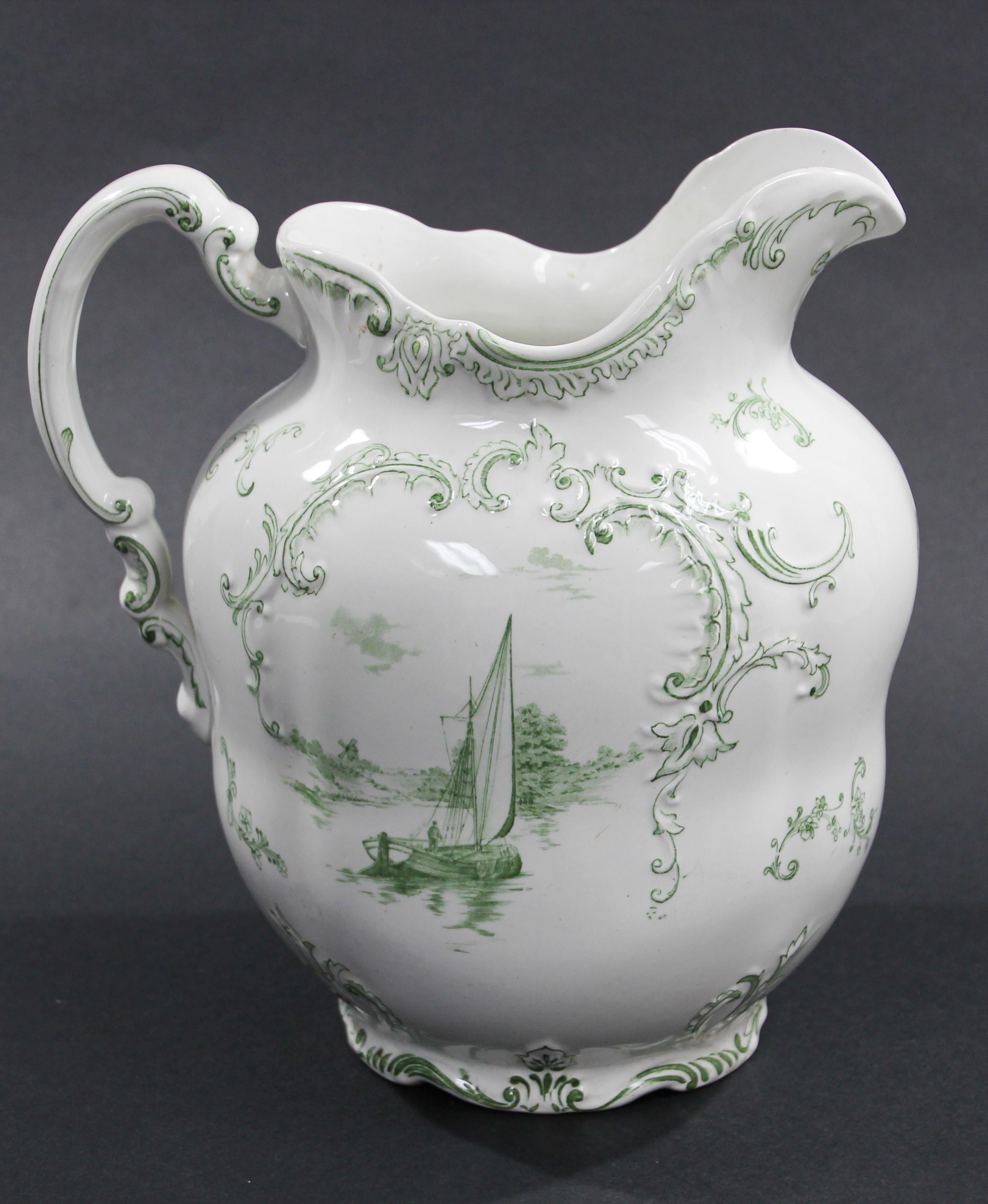 Hand-Crafted Large Ceramic Pitcher Green and White by Royal Delft England