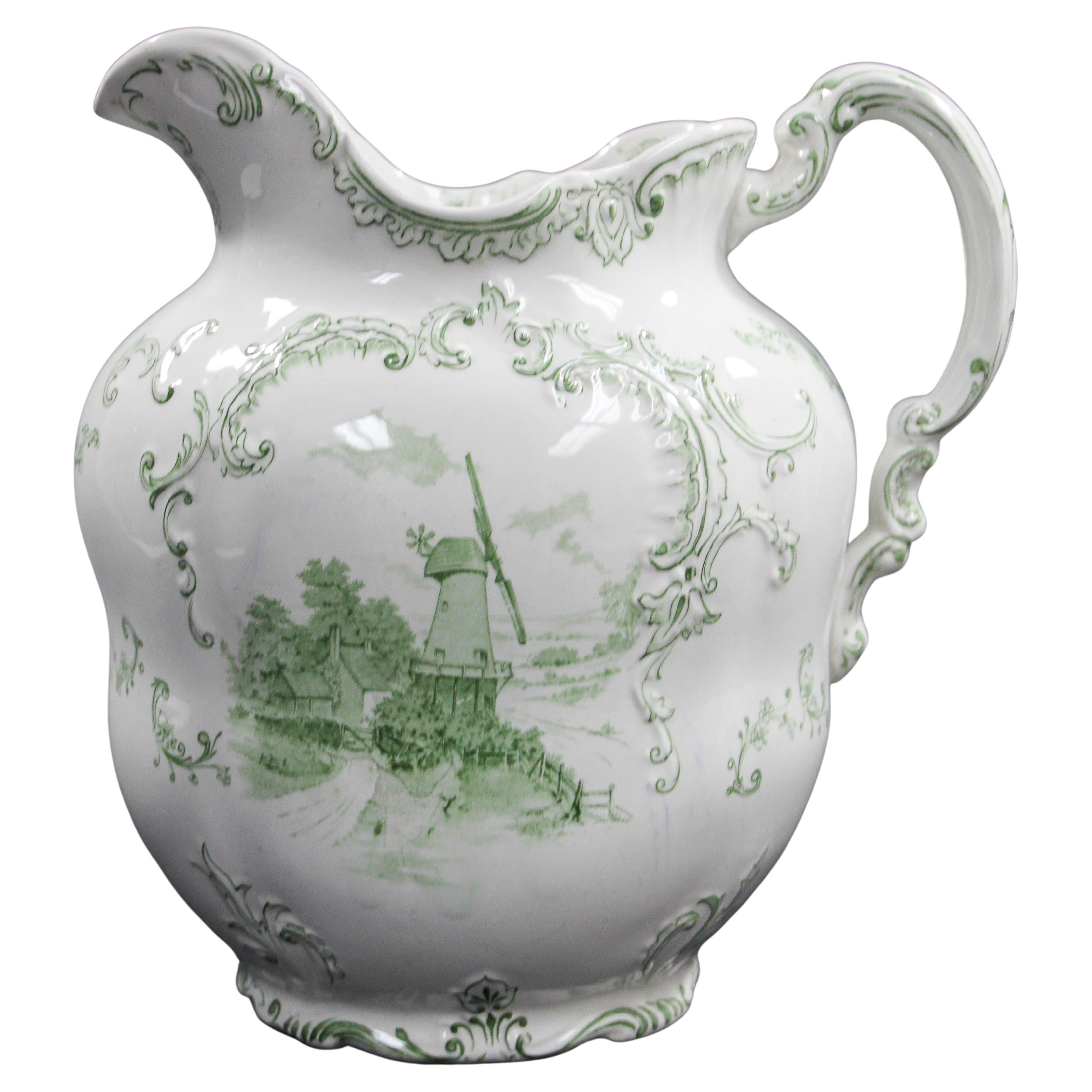 Large Ceramic Pitcher Green and White by Royal Delft England